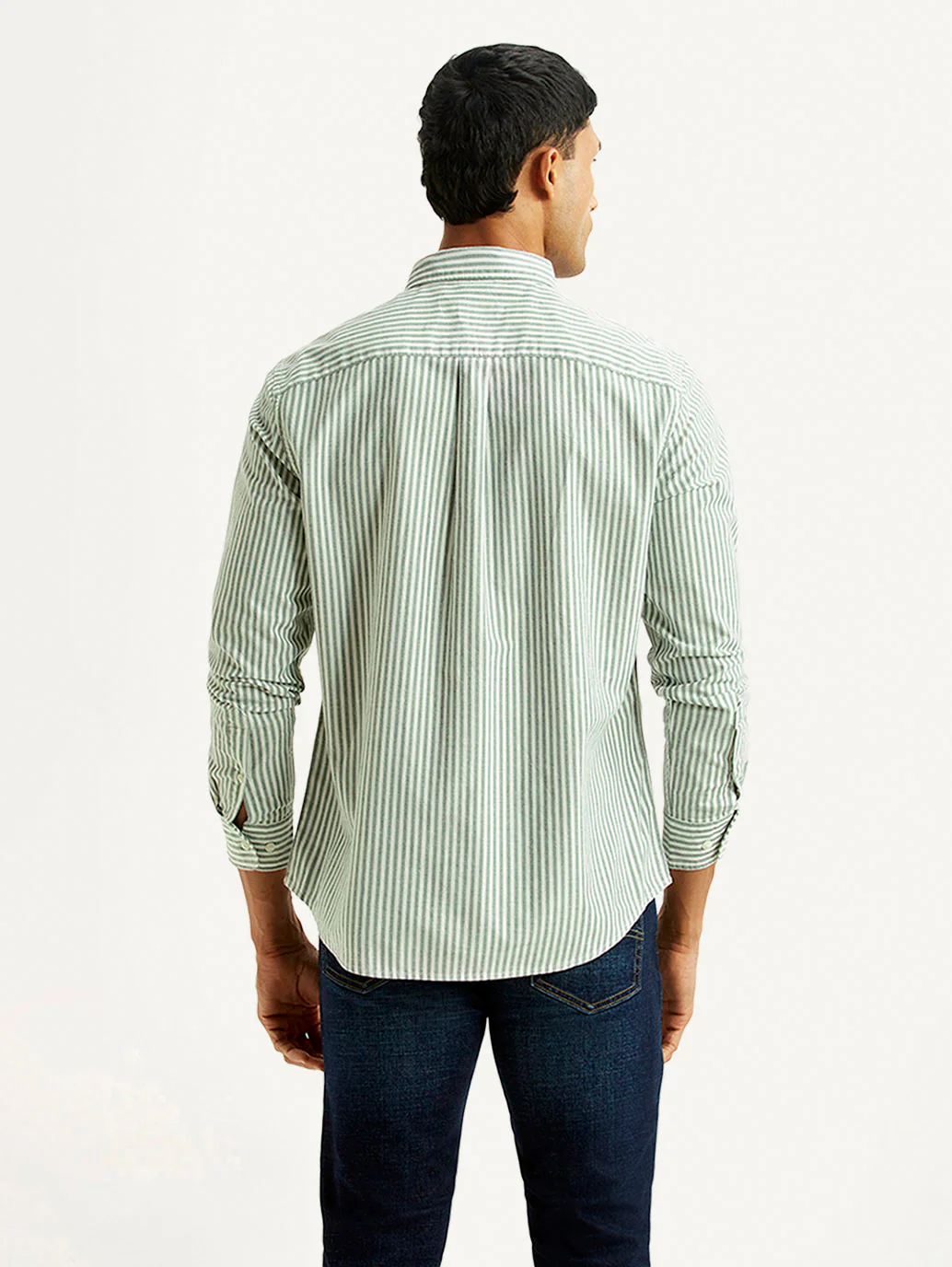 Men's Striped Light Green Slim Fit Oxford Shirt - Image 2