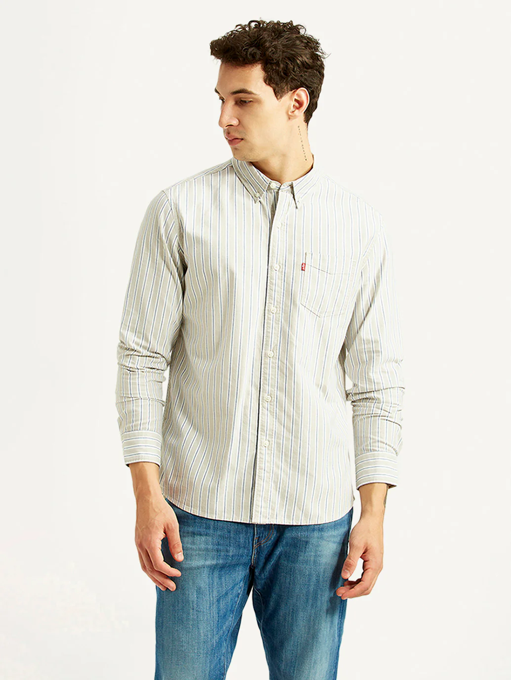 Men's Striped Light Grey Slim Fit Oxford Shirt - Image 2