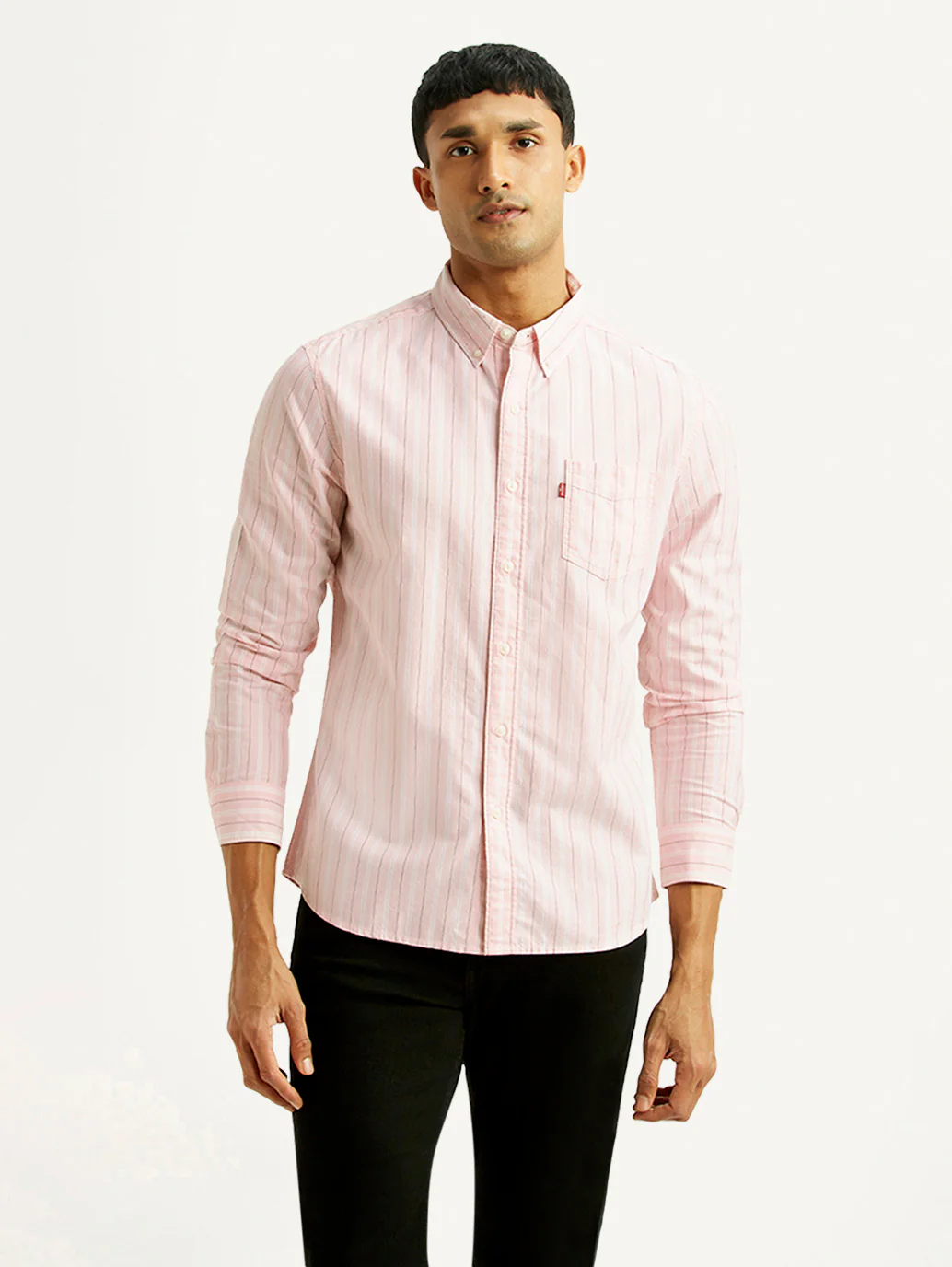 Men's Striped Light Pink Slim Fit Oxford Shirt - Image 2