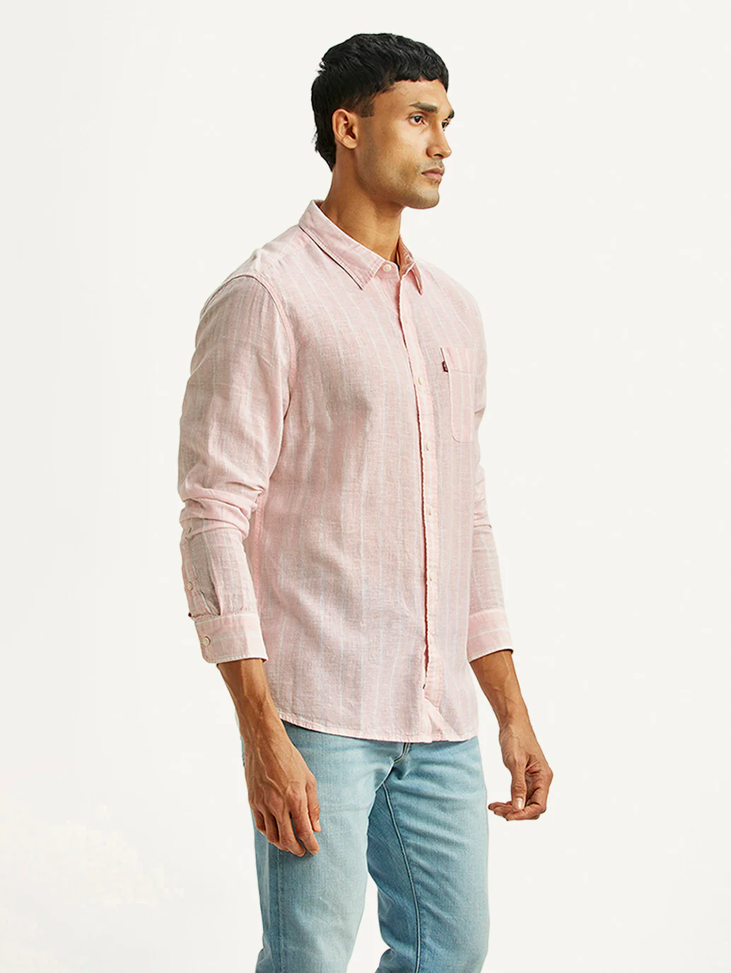 Men's Striped Light Pink Slim Fit Linen Shirt - Image 4