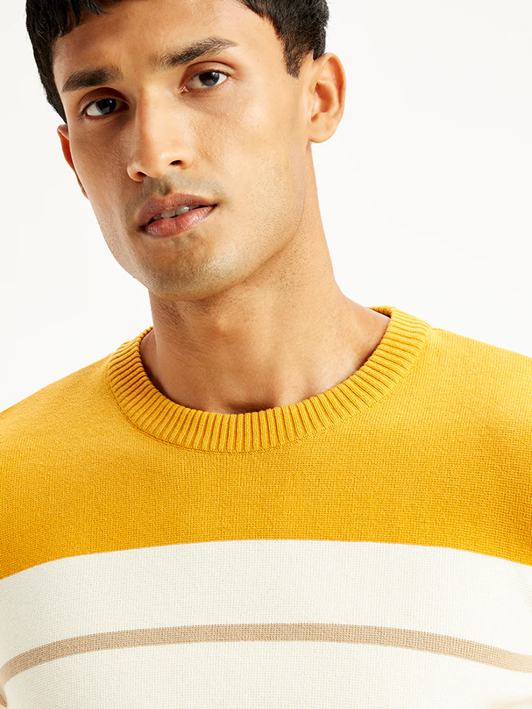 Men's Striped Mustard Crew Neck Sweater - Image 5