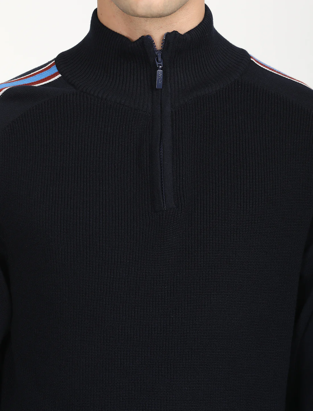 Men's Striped Navy High Neck Sweater - Image 4