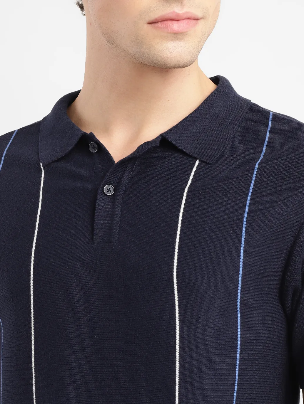 Men's Striped Navy Polo Collar Sweater - Image 5