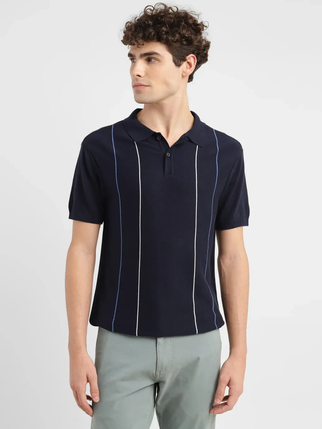 Men's Striped Navy Polo Collar Sweater - Image 6