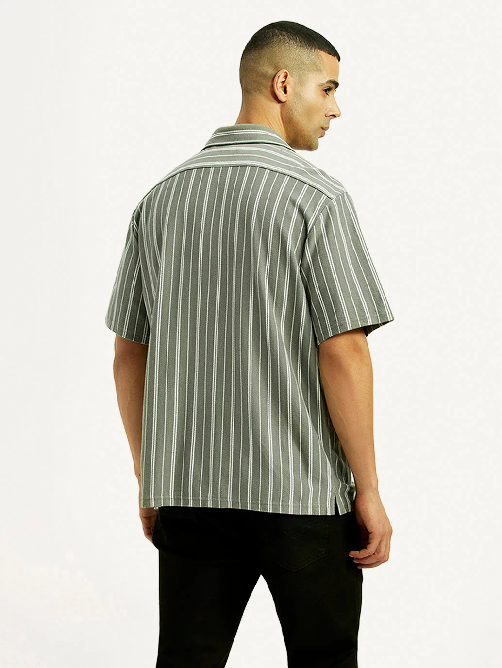 Men's Striped Olive Relaxed Fit Camp Shirt - Image 3