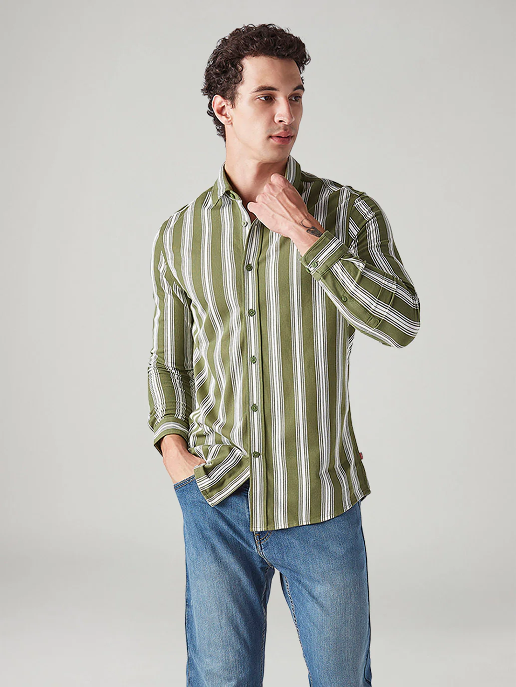 Men's Striped Olive Slim Fit Knitted Shirt
