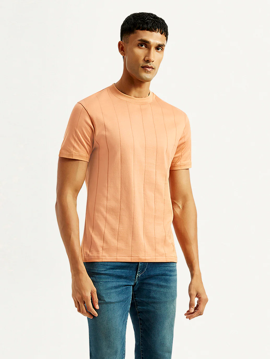 Men's Striped Peach Crew Neck T-shirt - Image 6