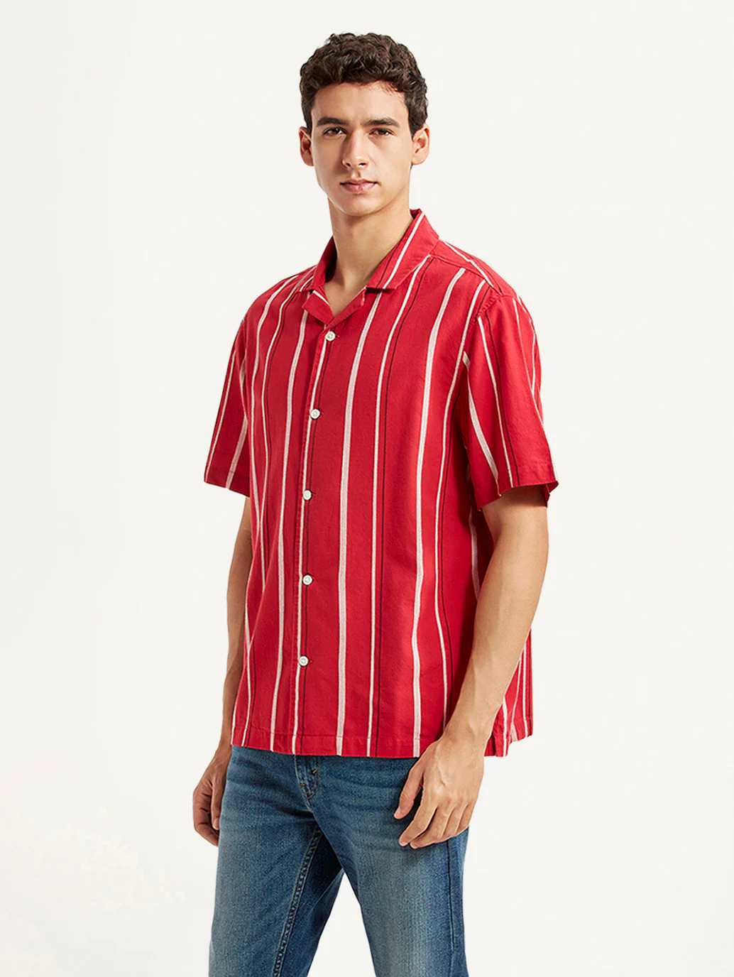Men's Striped Red Relaxed Fit Camp Shirt - Image 4