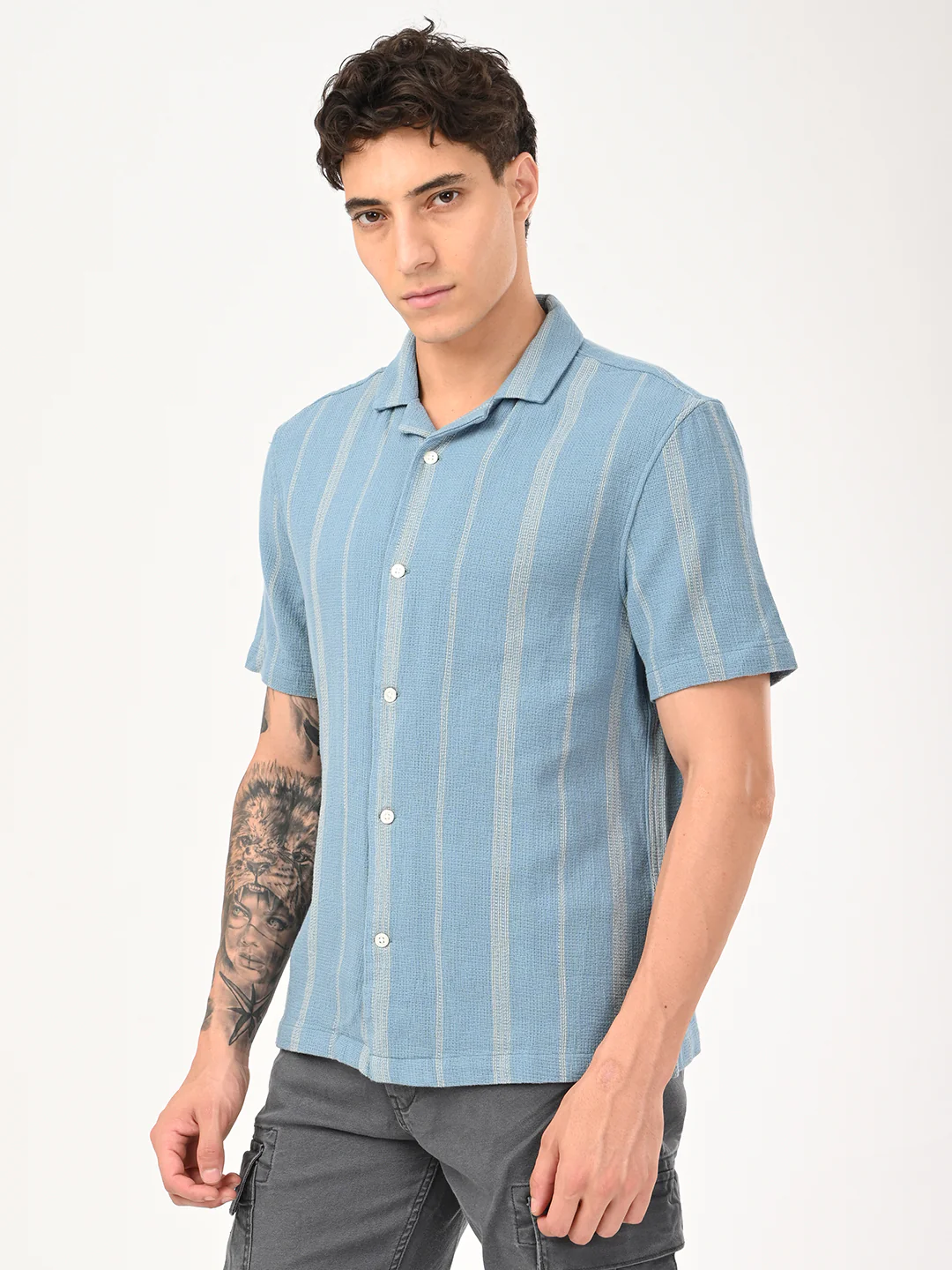 Men's Striped Slim Fit Resort Collar Shirt - Image 3