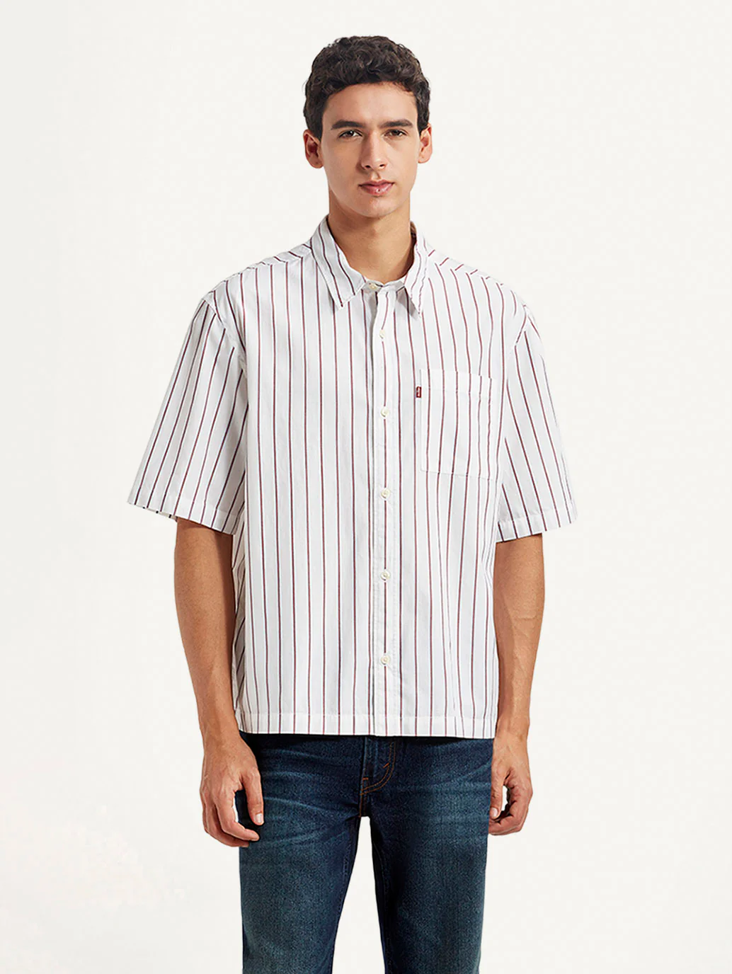 Men's Striped White Boxy Fit Poplin Shirt - Image 2