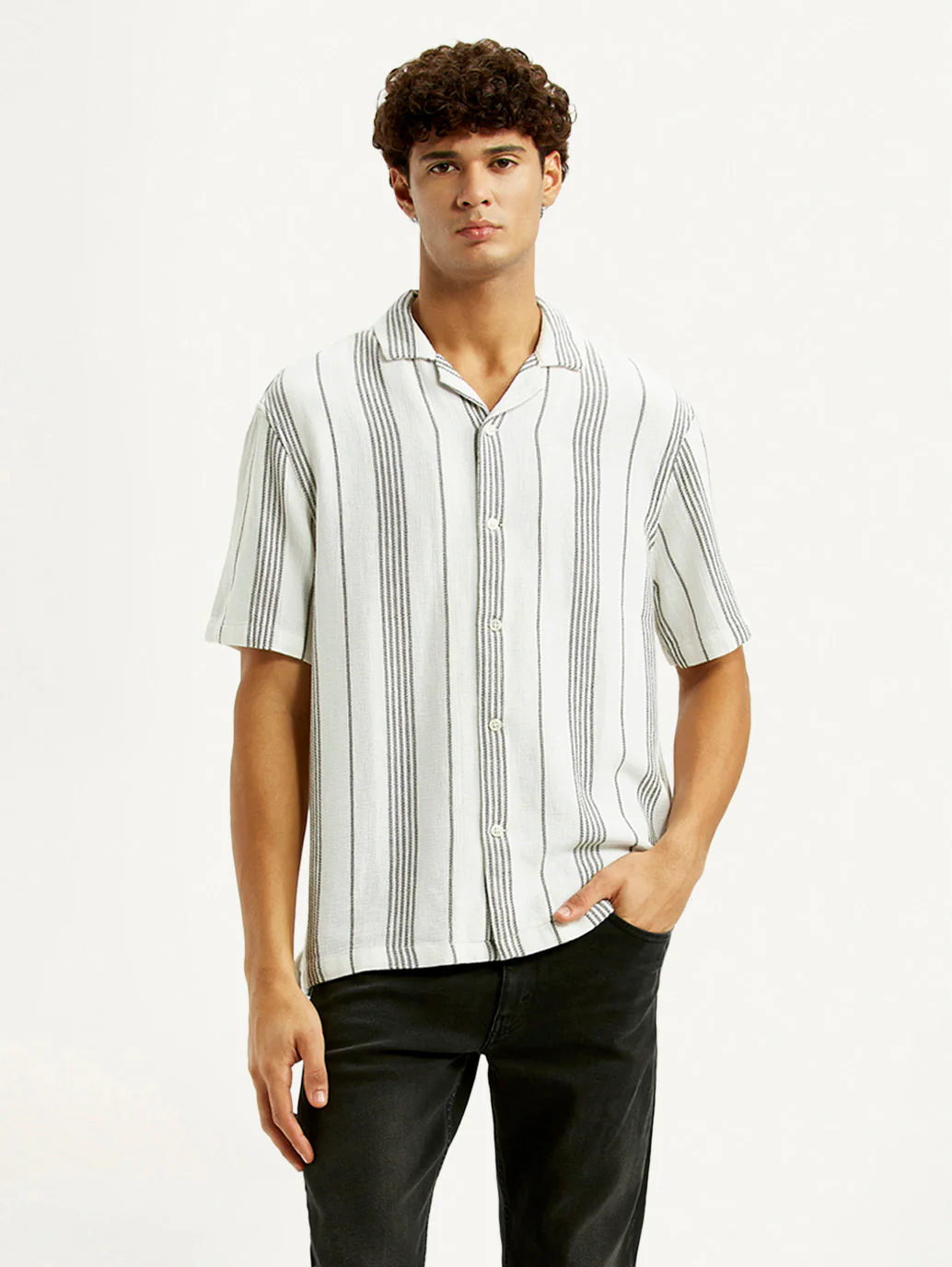 Men's Striped White Slim Fit Camp Shirt
