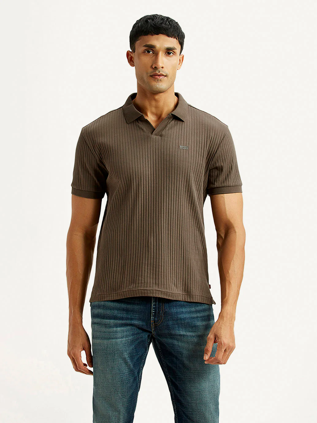 Men's Textured Brown Slim Fit Polo T-shirt - Image 2