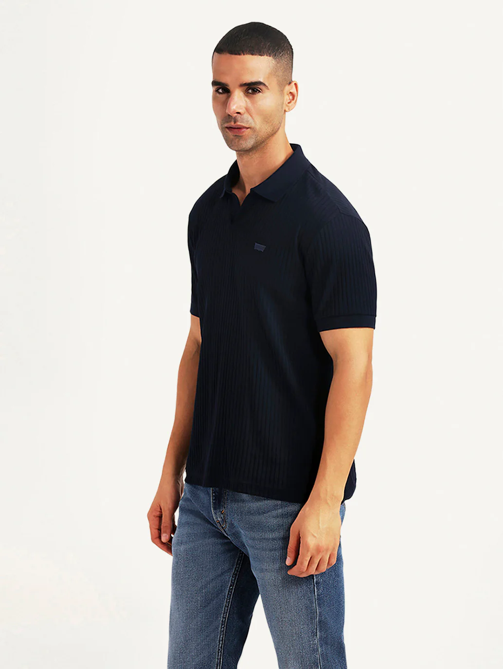 Men's Textured Navy Slim Fit Polo T-shirt - Image 4