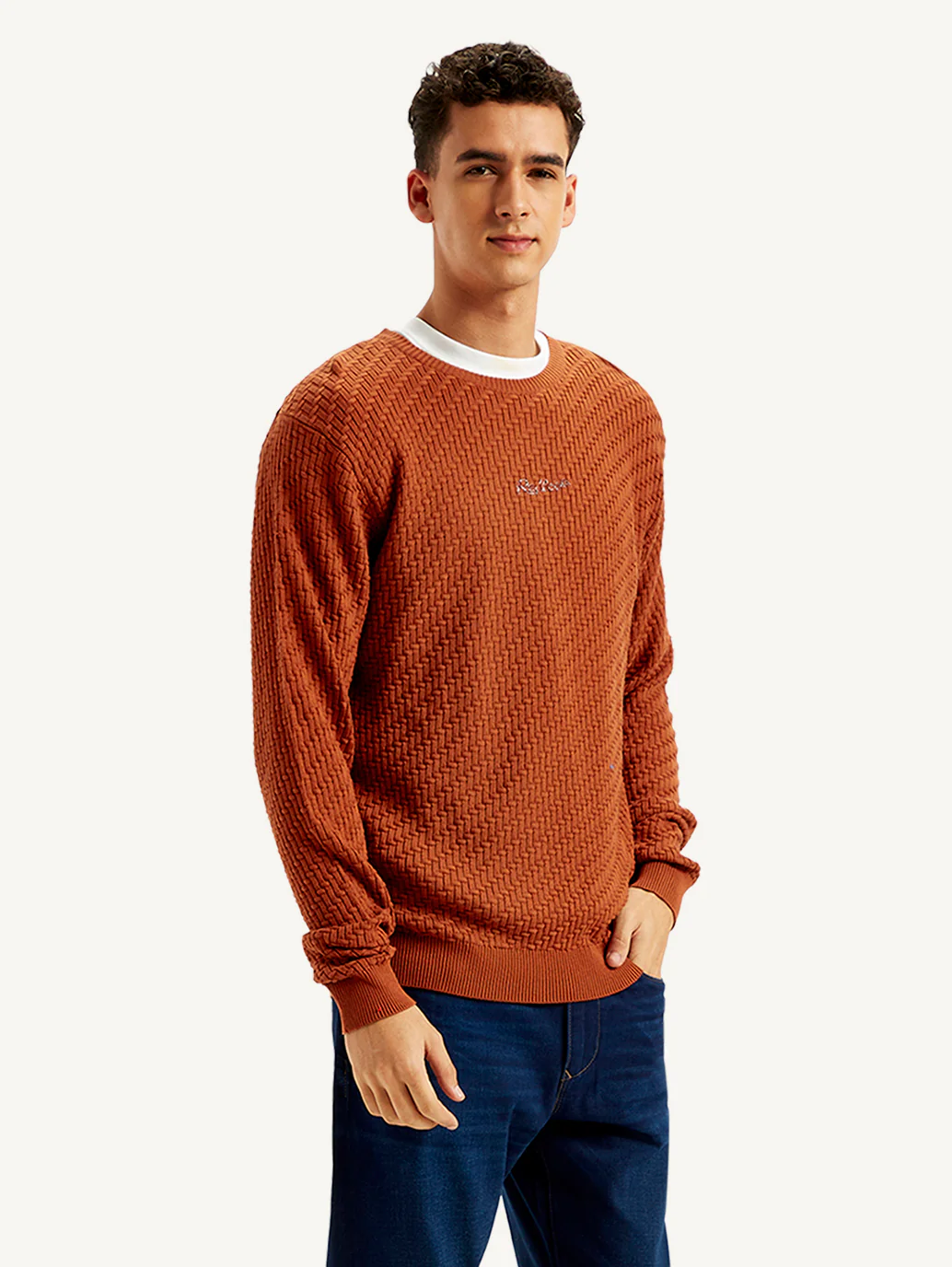 Men's Redloop Textured Rust Crew Neck Sweater - Image 5