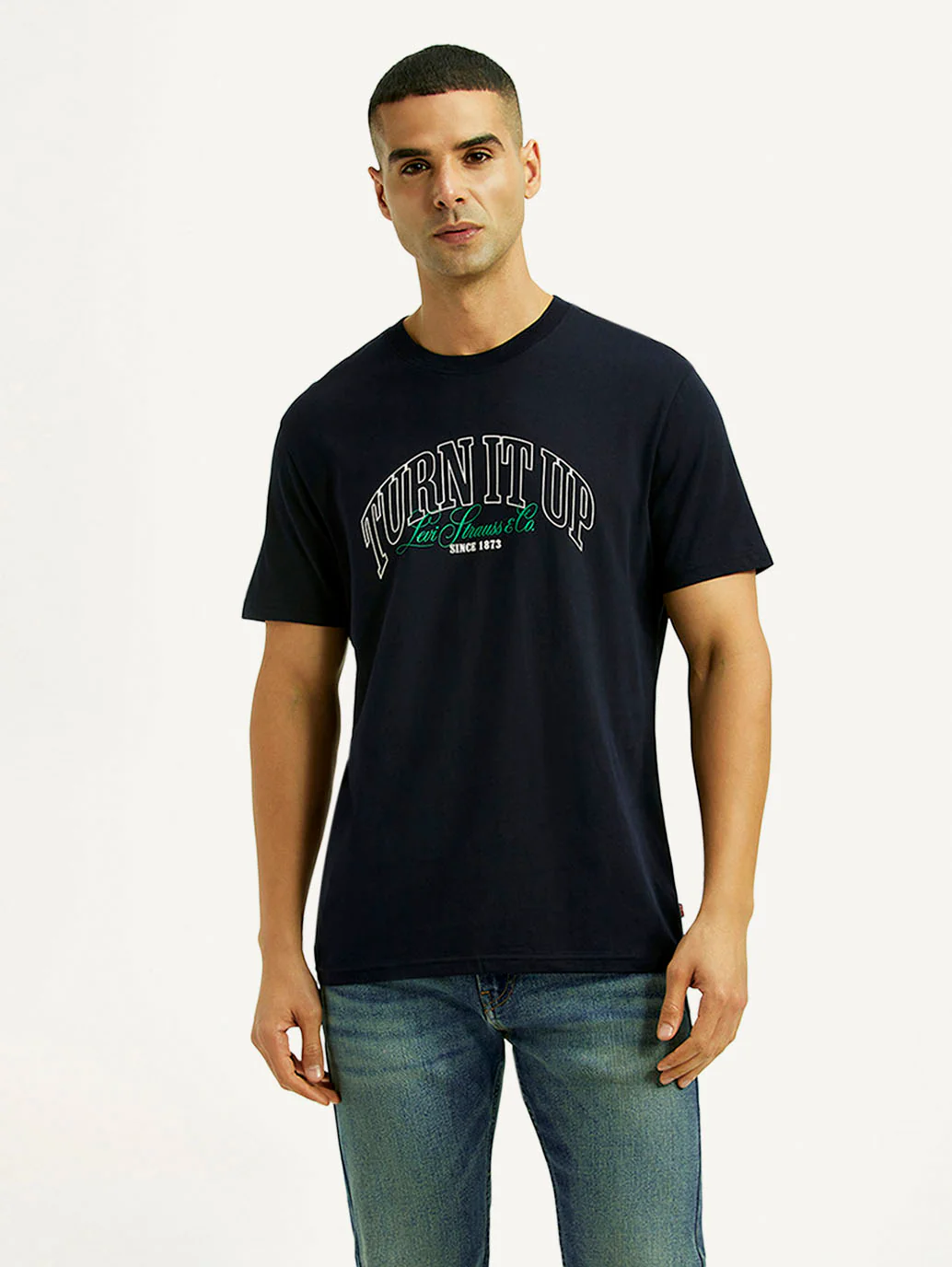 Men's Typographic Print Navy Slim Fit T-shirt - Image 2