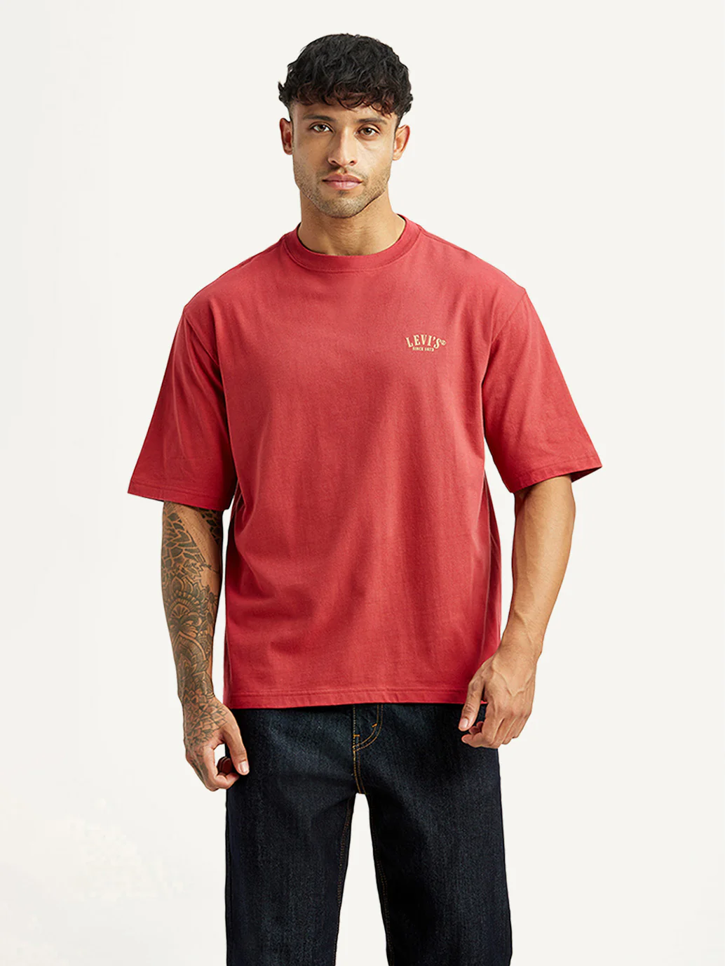 Men's Typographic Print Red Loose Fit T-shirt - Image 2