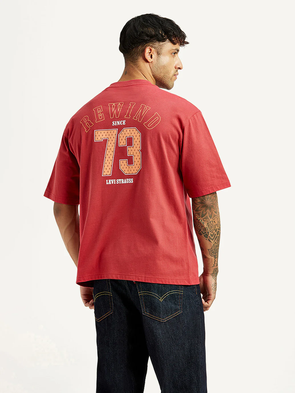 Men's Typographic Print Red Loose Fit T-shirt - Image 3