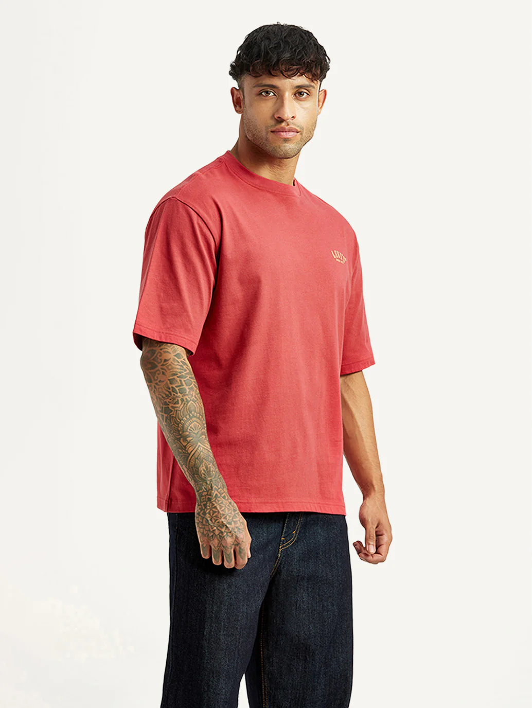Men's Typographic Print Red Loose Fit T-shirt - Image 4