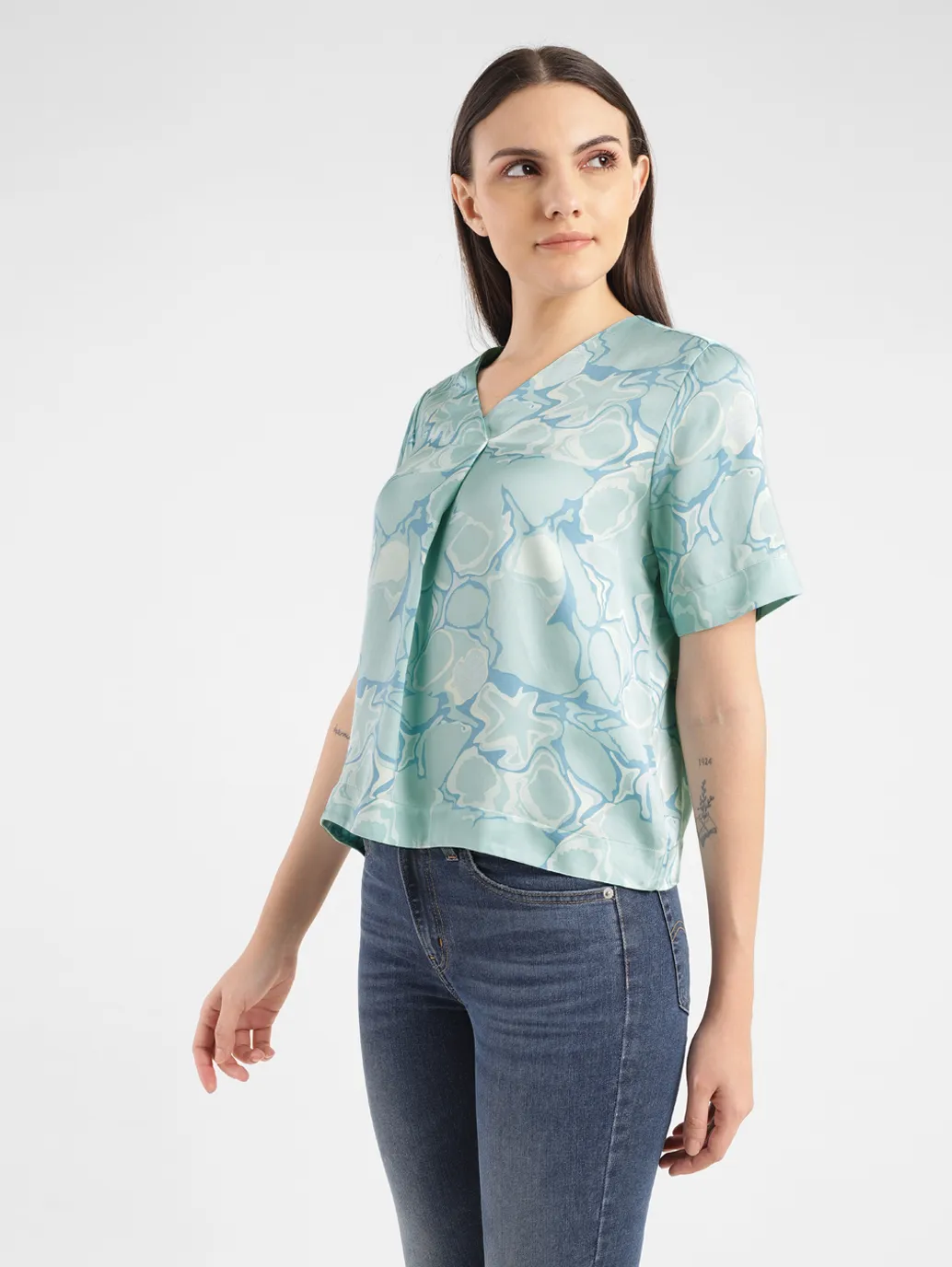 Women's Abstract Blue V Neck Top - Image 4