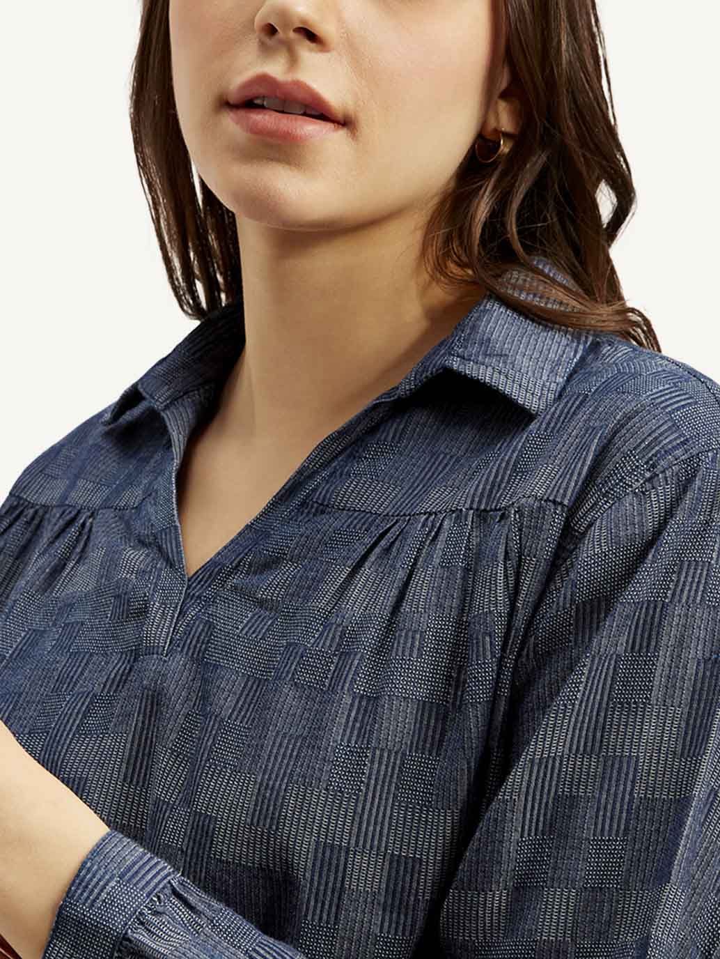 Women's Abstract Dark Blue Spread Collar Top - Image 2