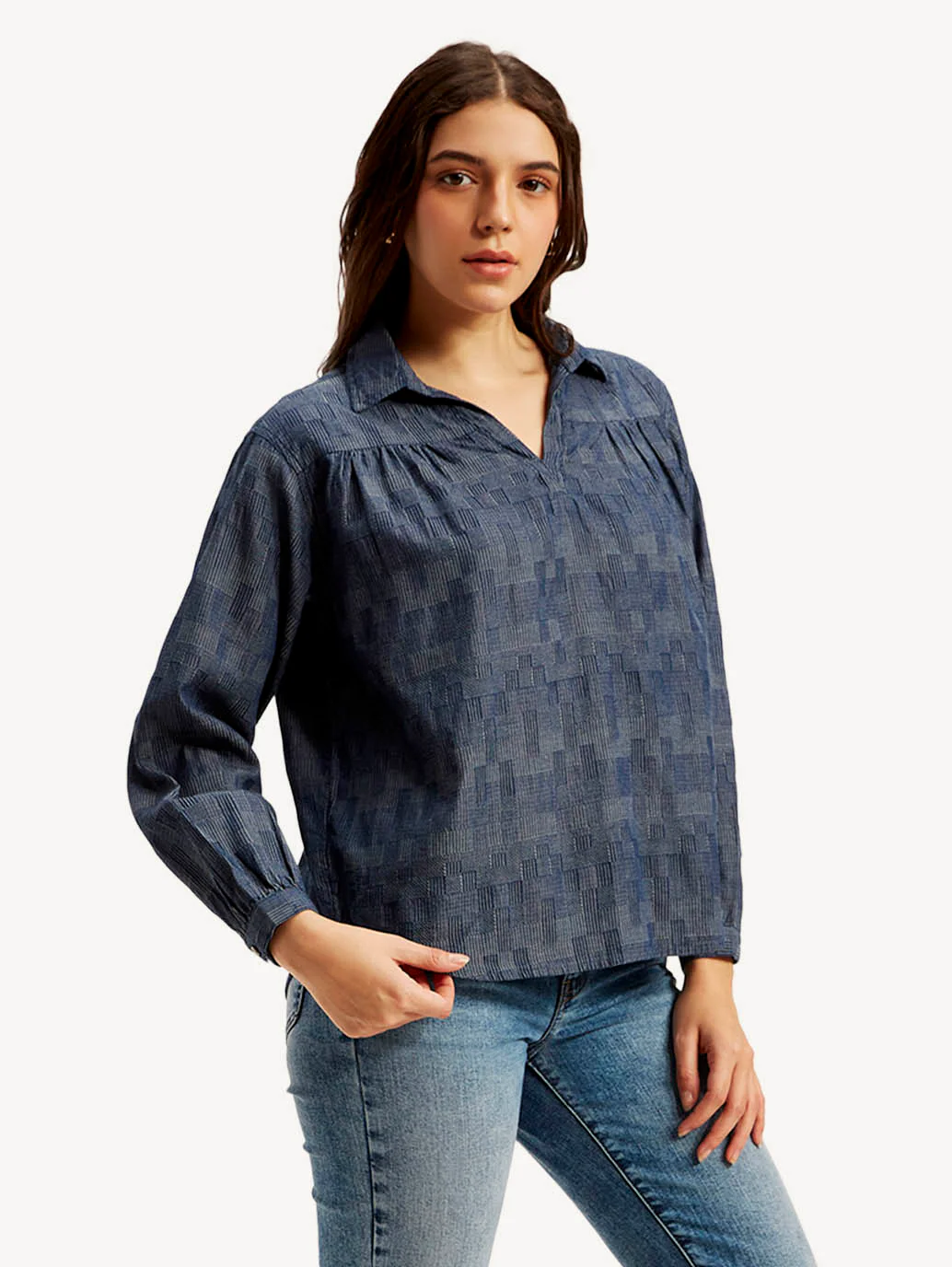 Women's Abstract Dark Blue Spread Collar Top - Image 3