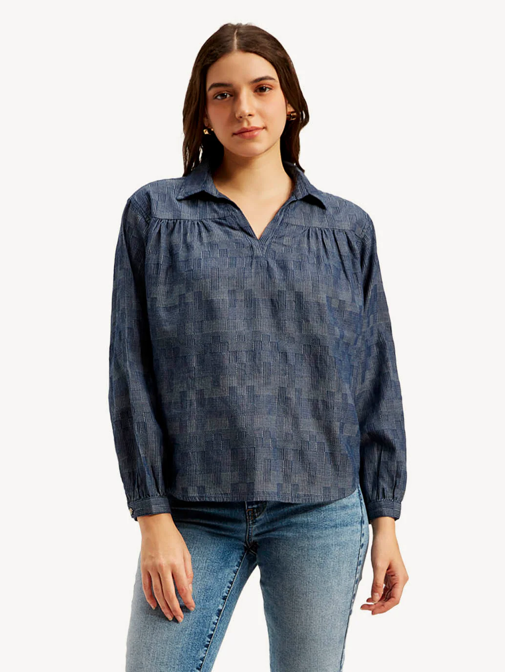 Women's Abstract Dark Blue Spread Collar Top - Image 4