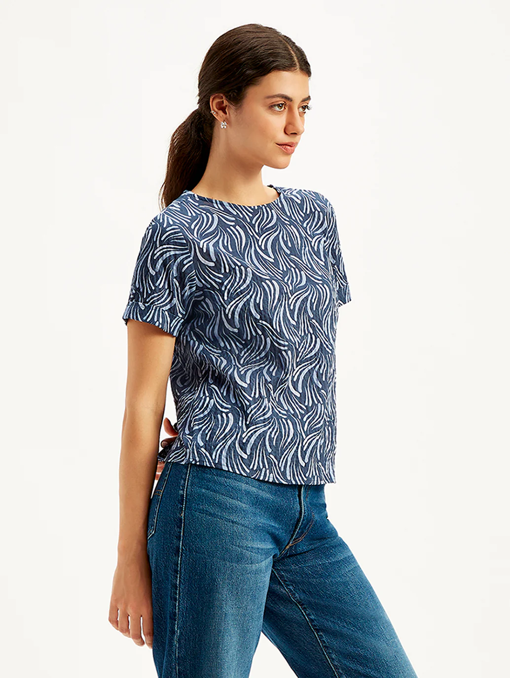 Women's Abstract Print Navy Blue Round Neck Top