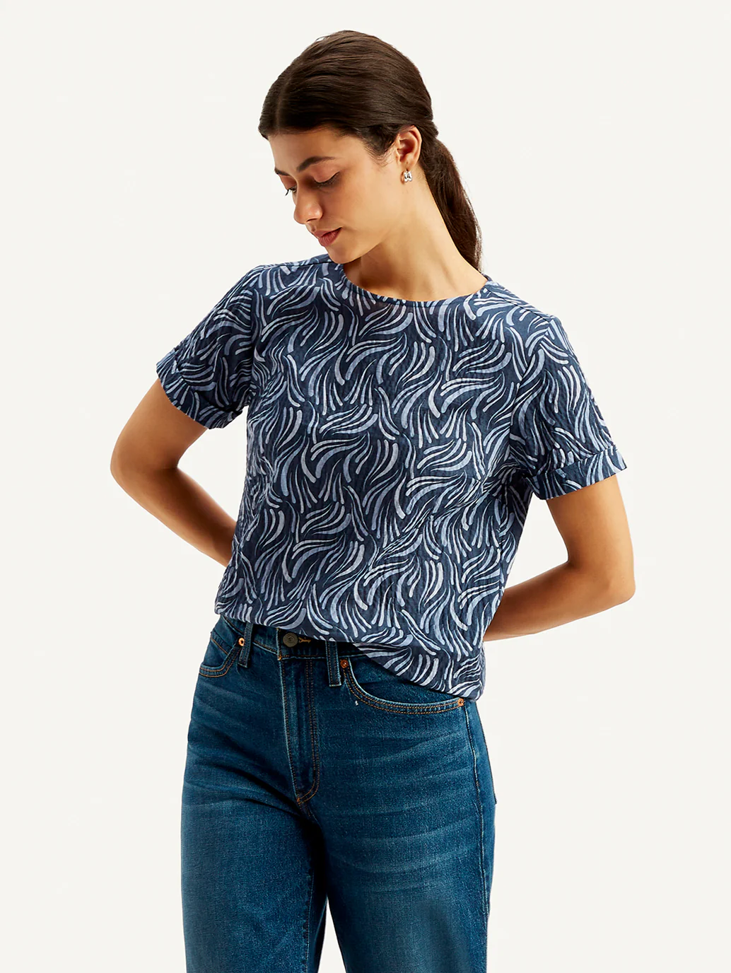 Women's Abstract Print Navy Blue Round Neck Top - Image 2