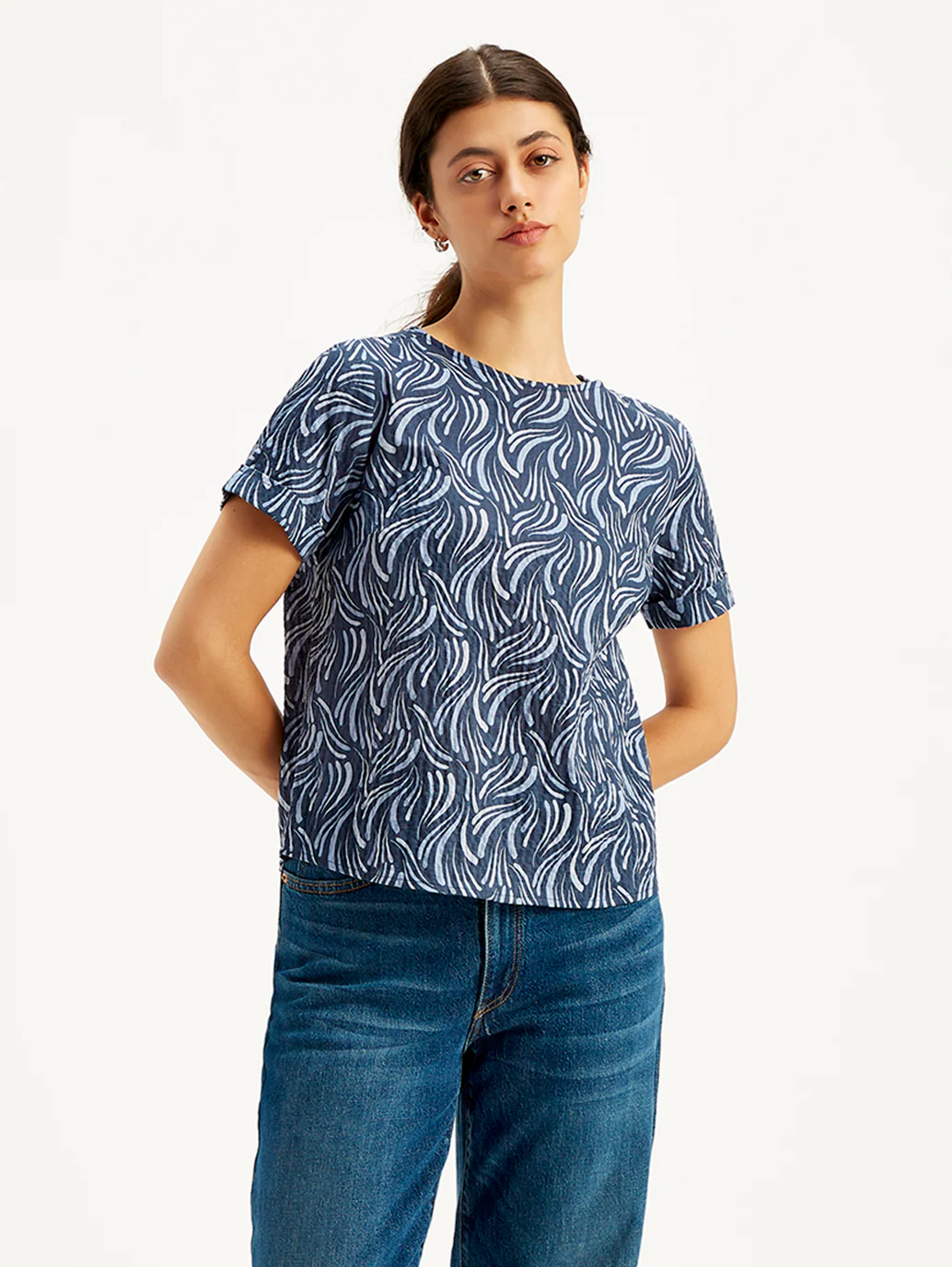 Women's Abstract Print Navy Blue Round Neck Top - Image 4