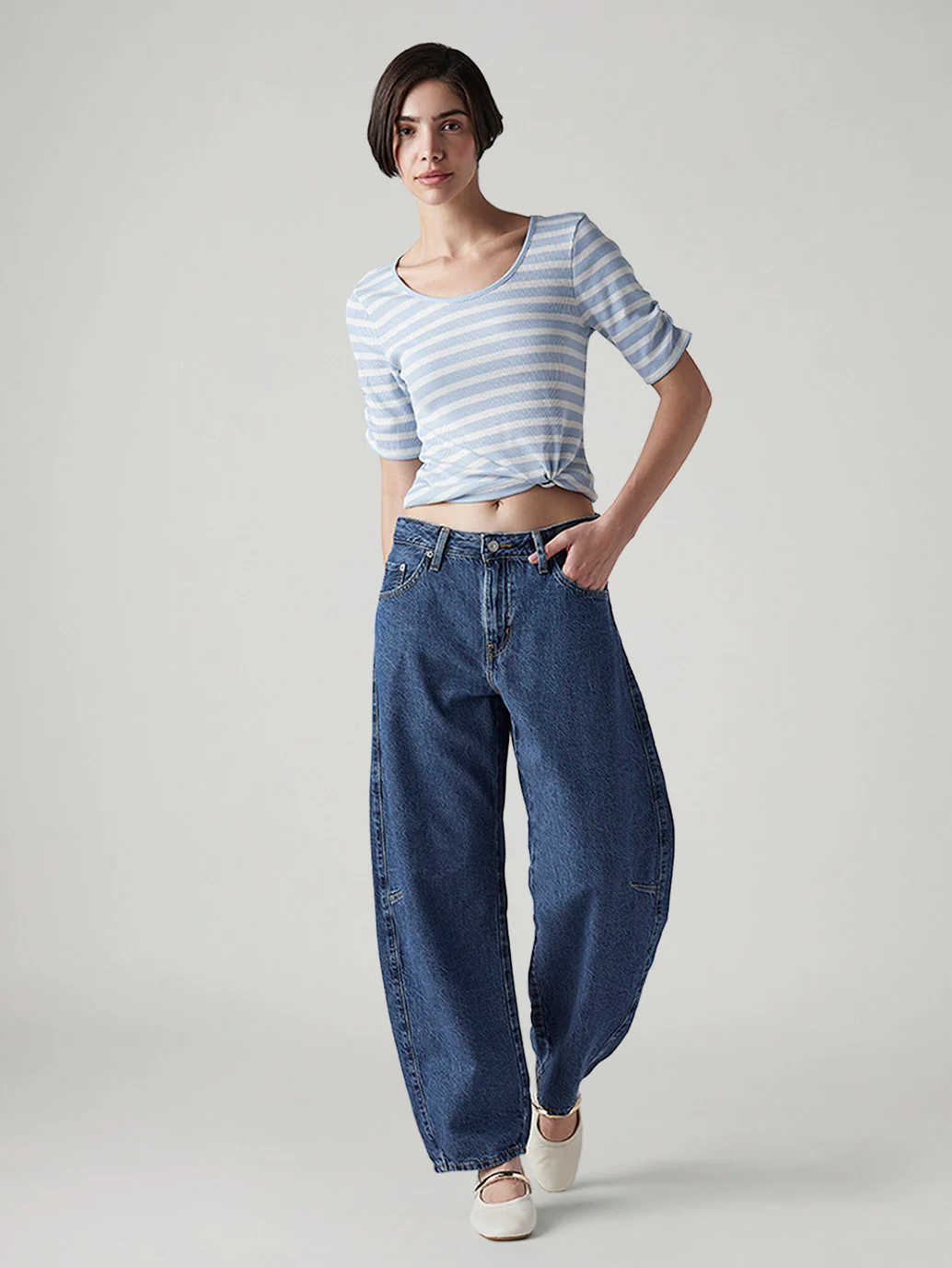 Women's Med Indigo Baggy Dad Barrel Loose Fit Mid Rise Jeans