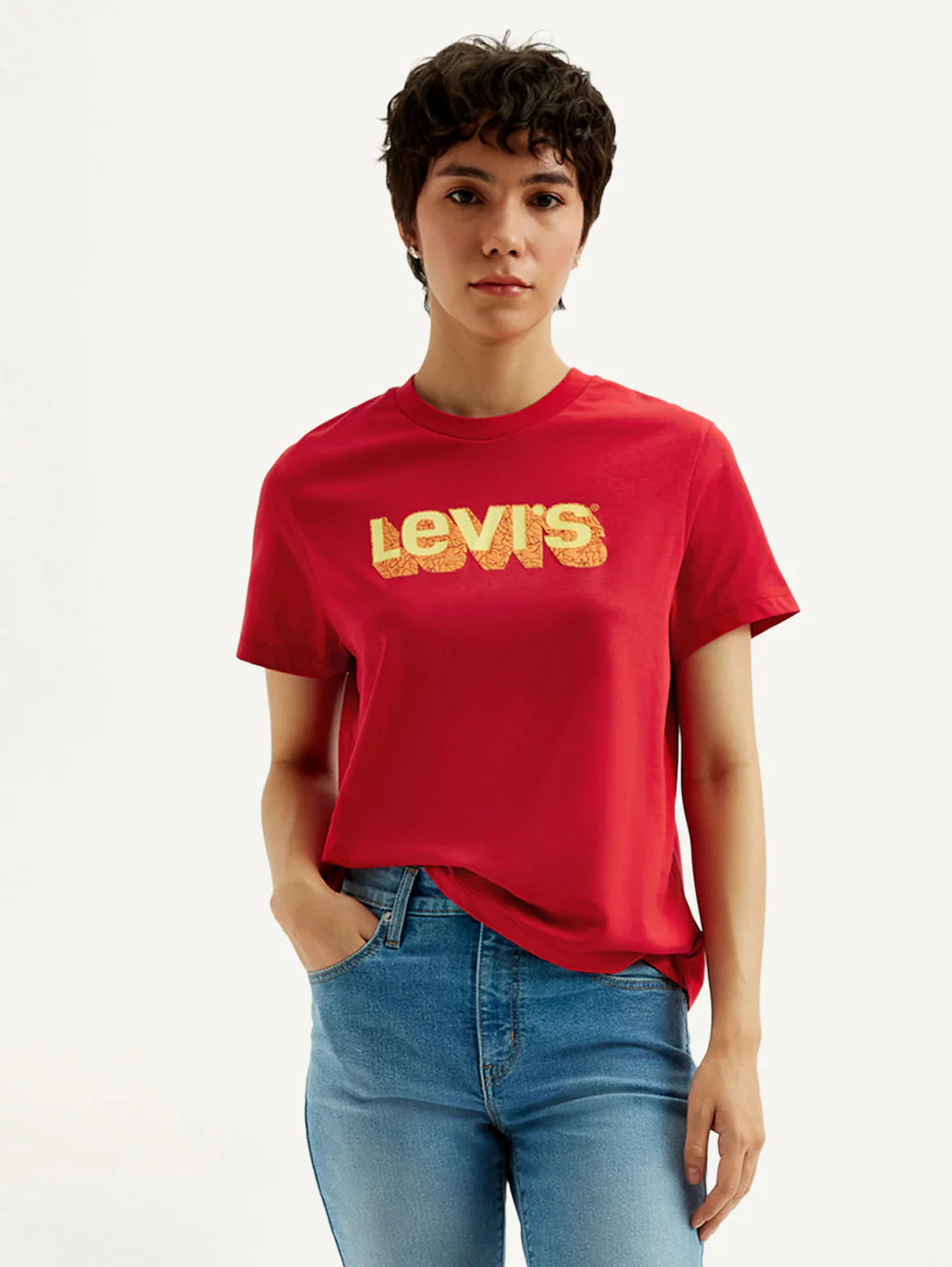 Women's Brand Logo Red Crew Neck T-Shirt