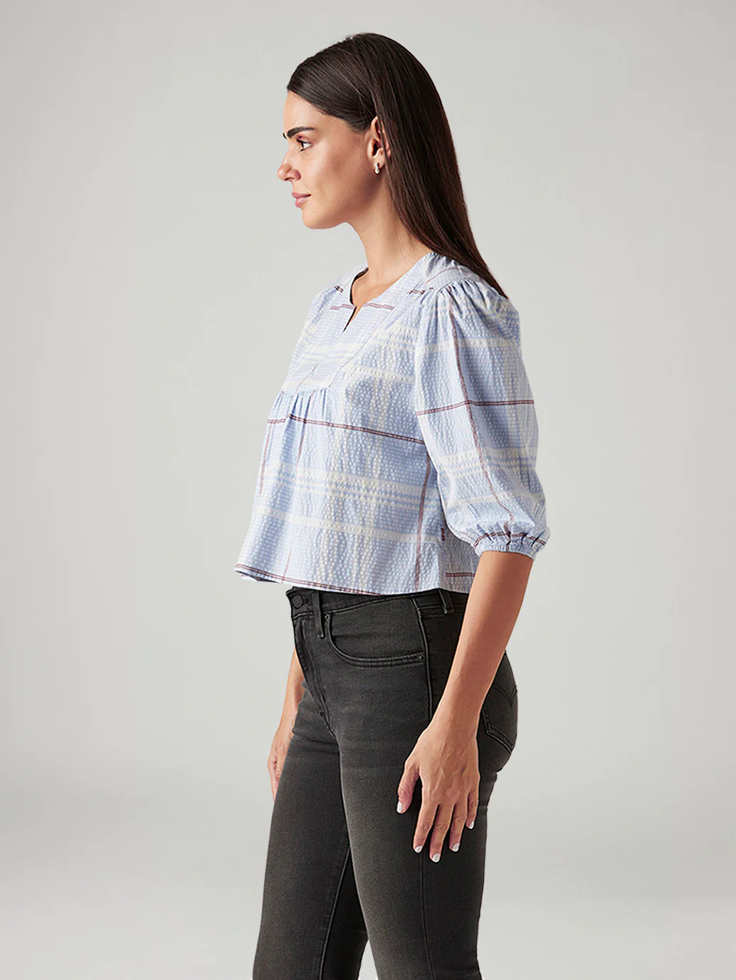 Women's Checkered Light Blue V-Neck Top - Image 5
