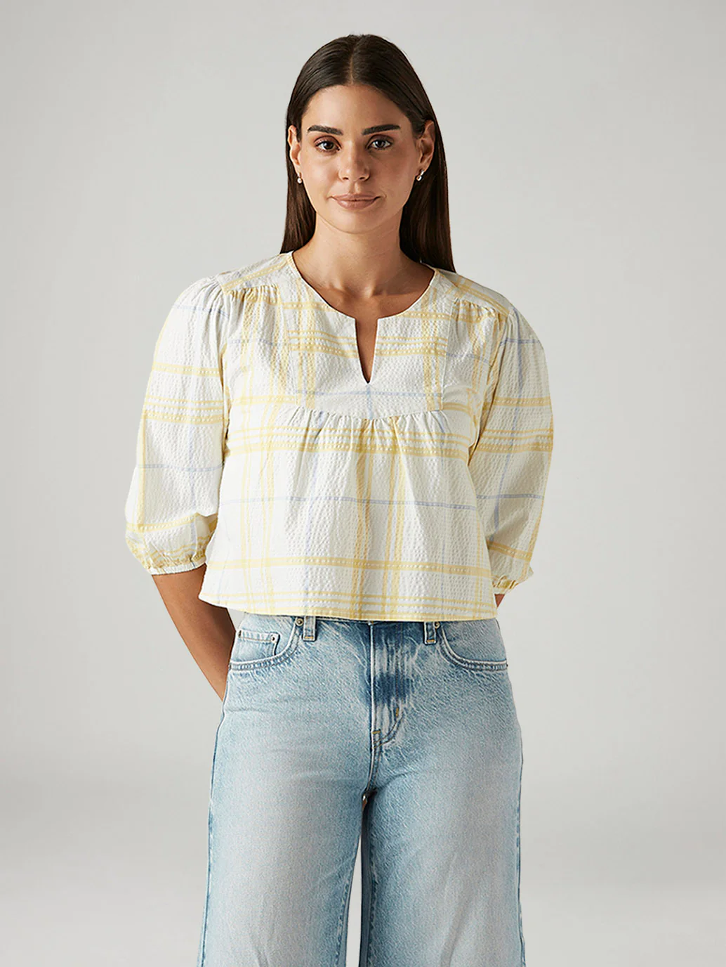 Women's Checkered White V-Neck Top - Image 2