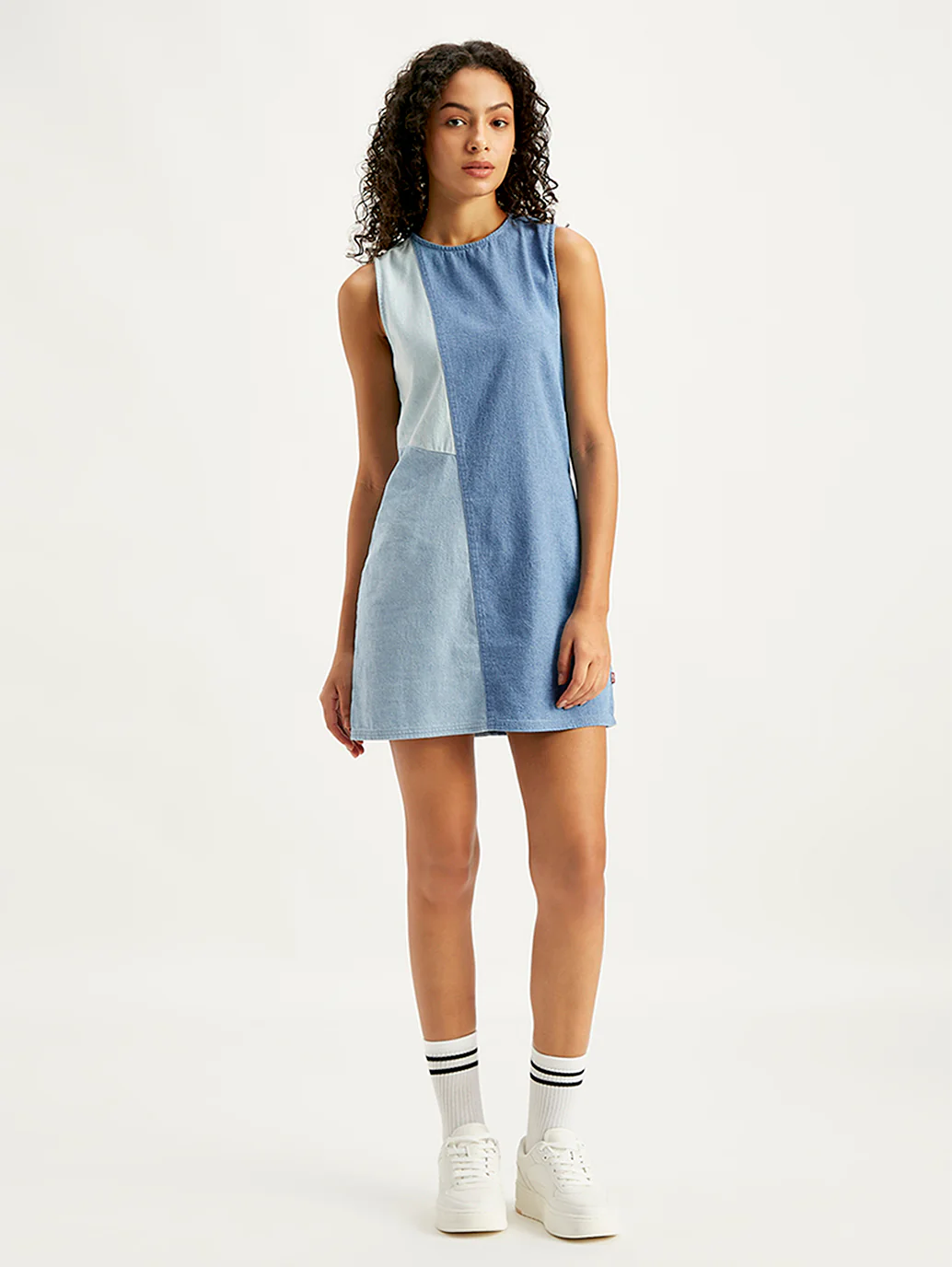 Women's Colorblock Blue Round Neck Mini Denim Dress - Image 2