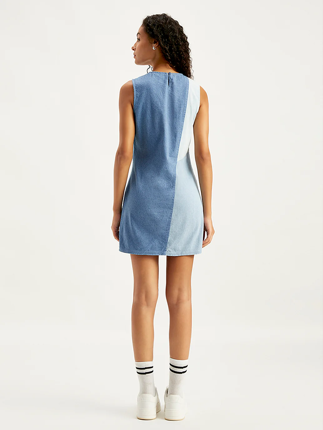 Women's Colorblock Blue Round Neck Mini Denim Dress - Image 3