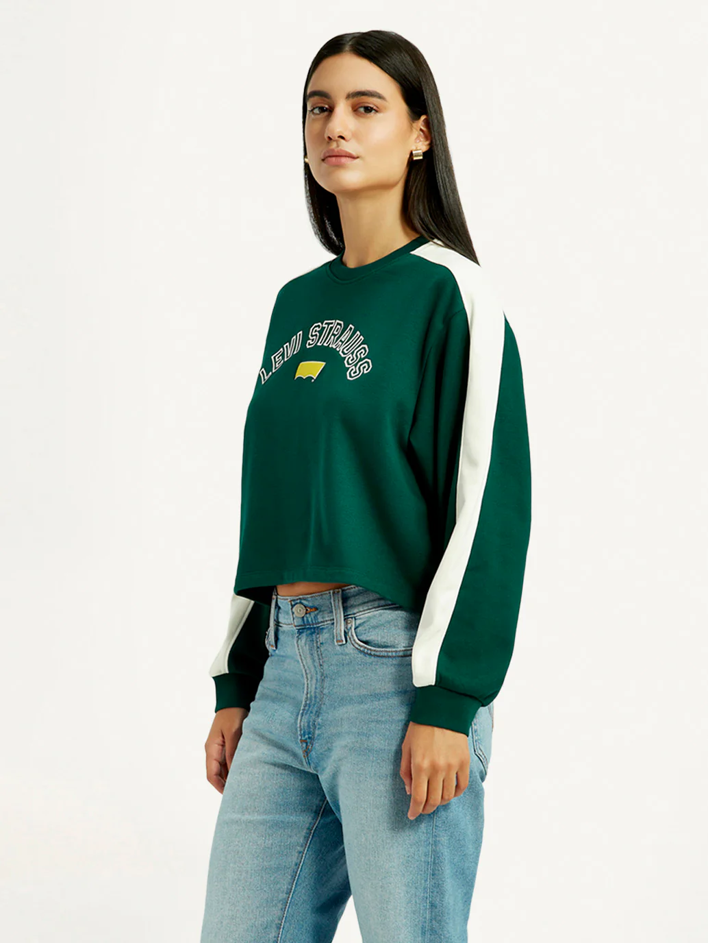 Women's Colorblock Dark Green Crew Neck Sweatshirt - Image 3
