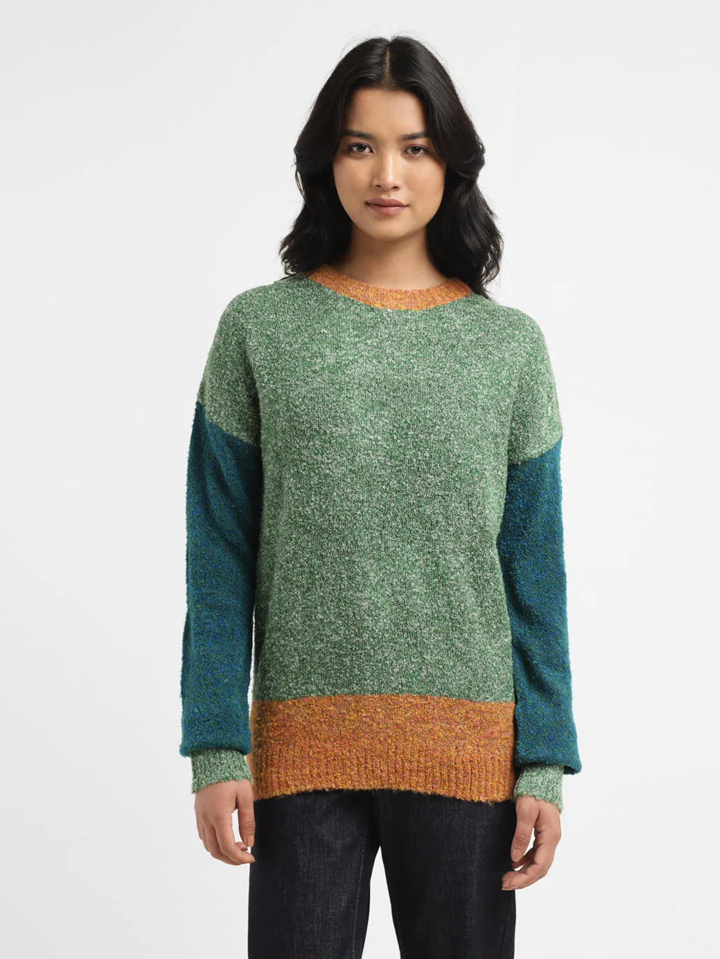 Women's Colorblock Green Crew Neck Sweater - Image 2