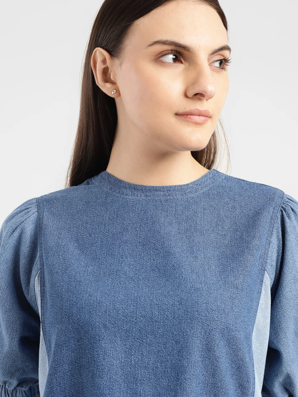 Women's Colorblock Indigo Round Neck Denim Top - Image 5