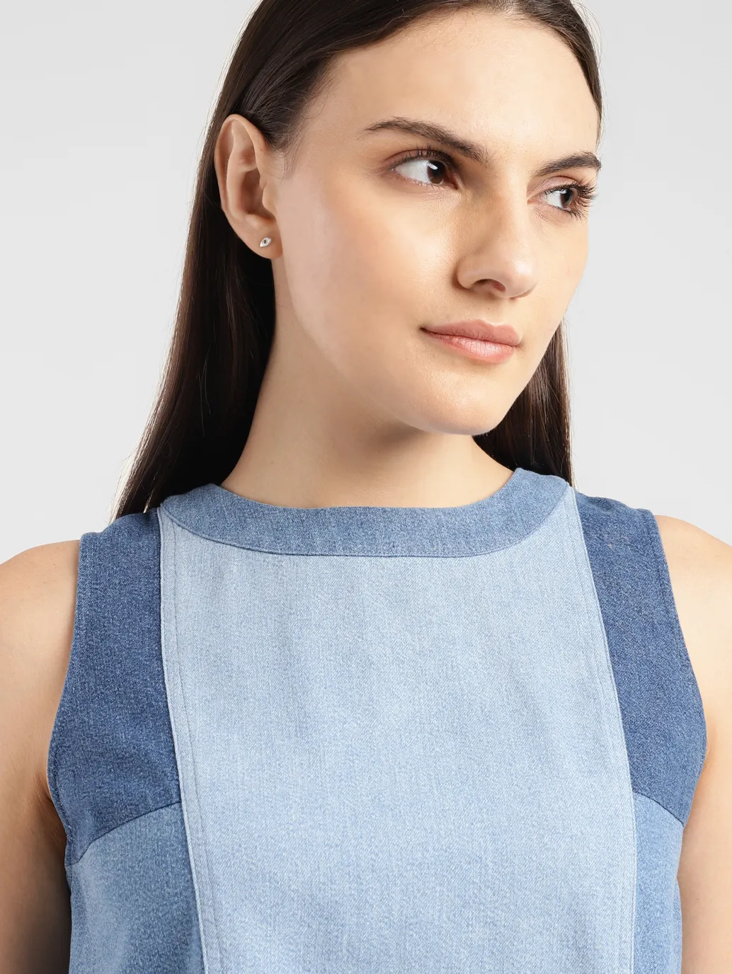 Women's Colorblock Mid Indigo Round Neck Top - Image 5