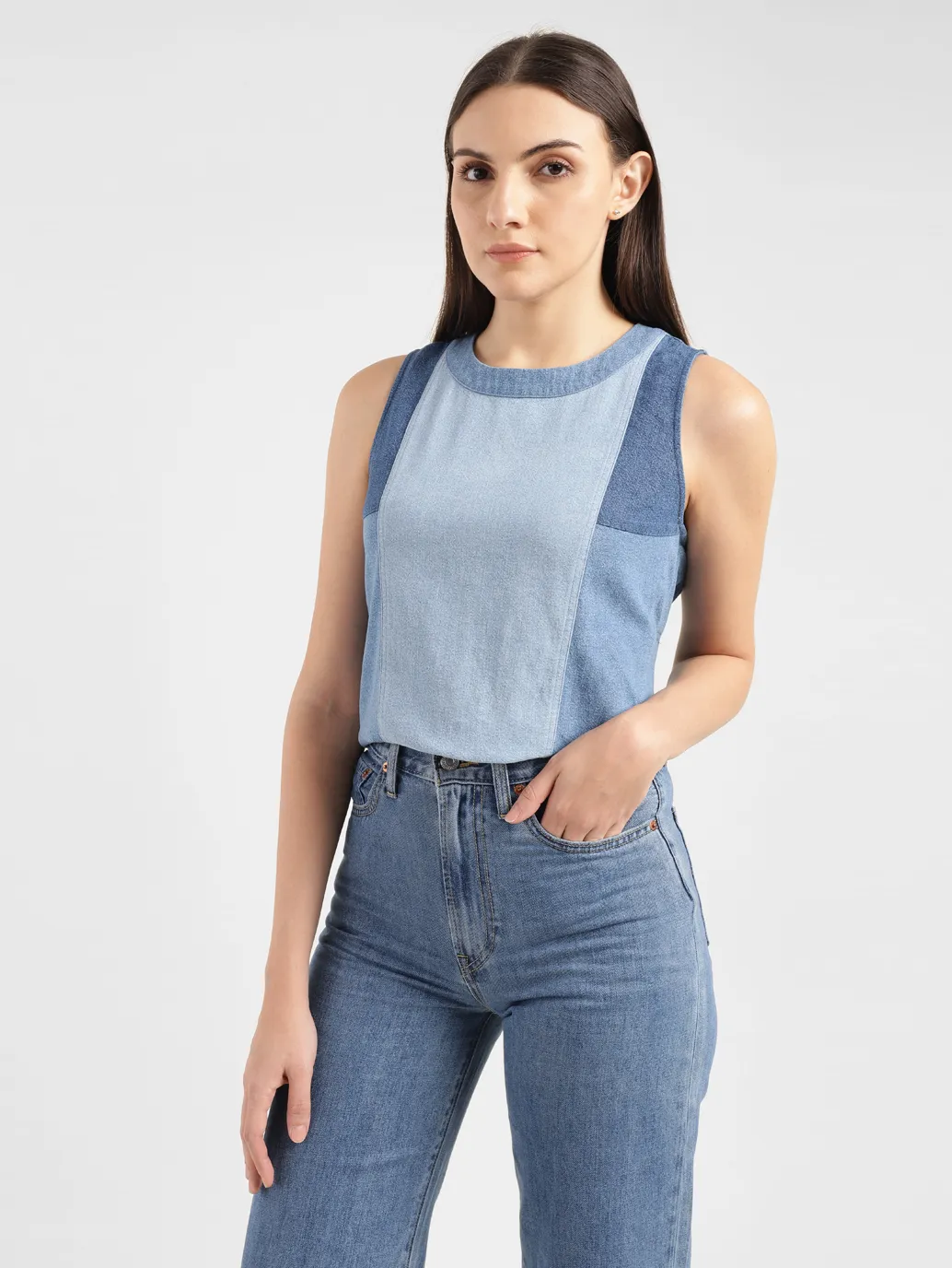 Women's Colorblock Mid Indigo Round Neck Top - Image 6
