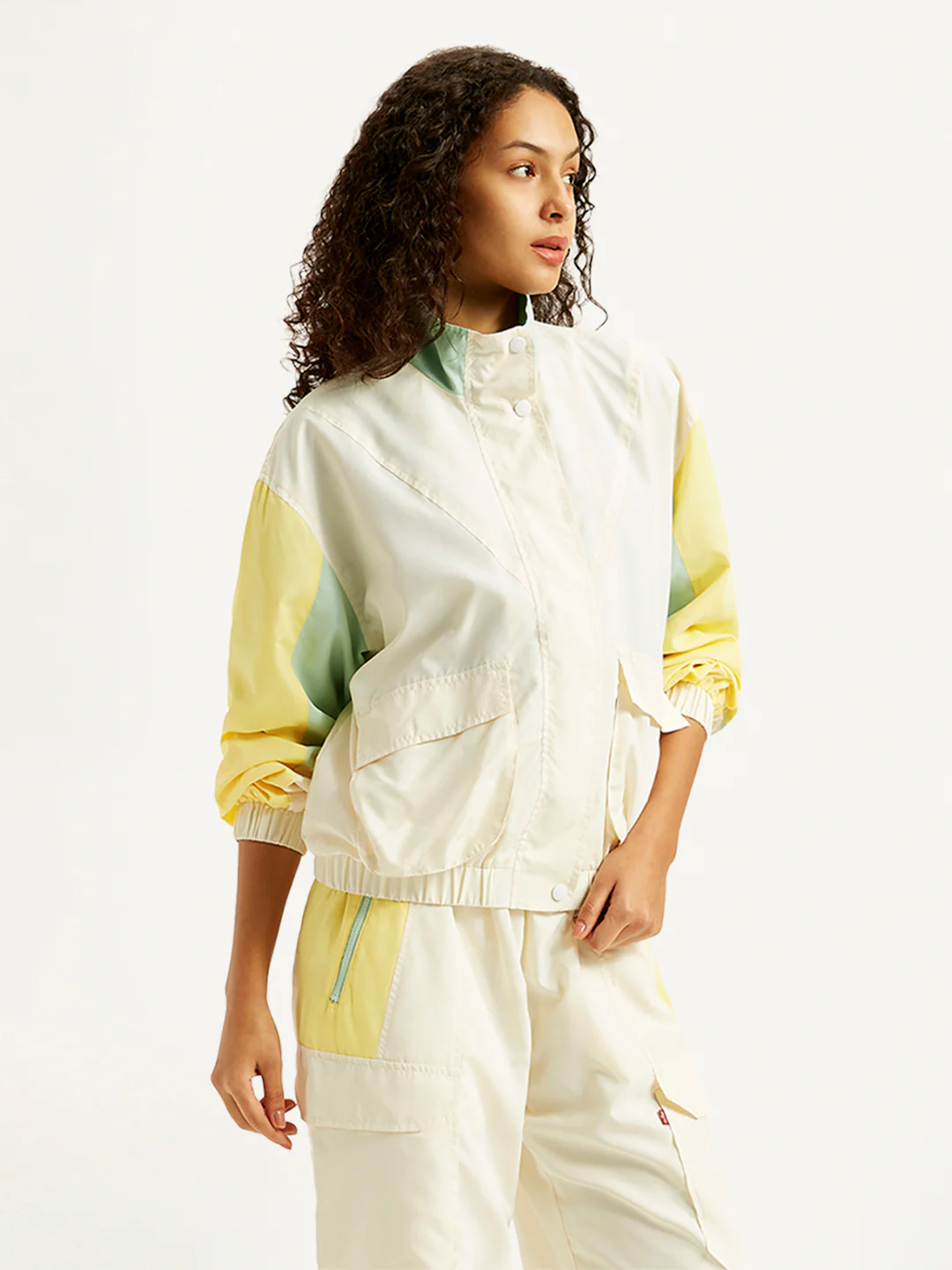 Women's Colorblock White High Neck Jacket - Image 2