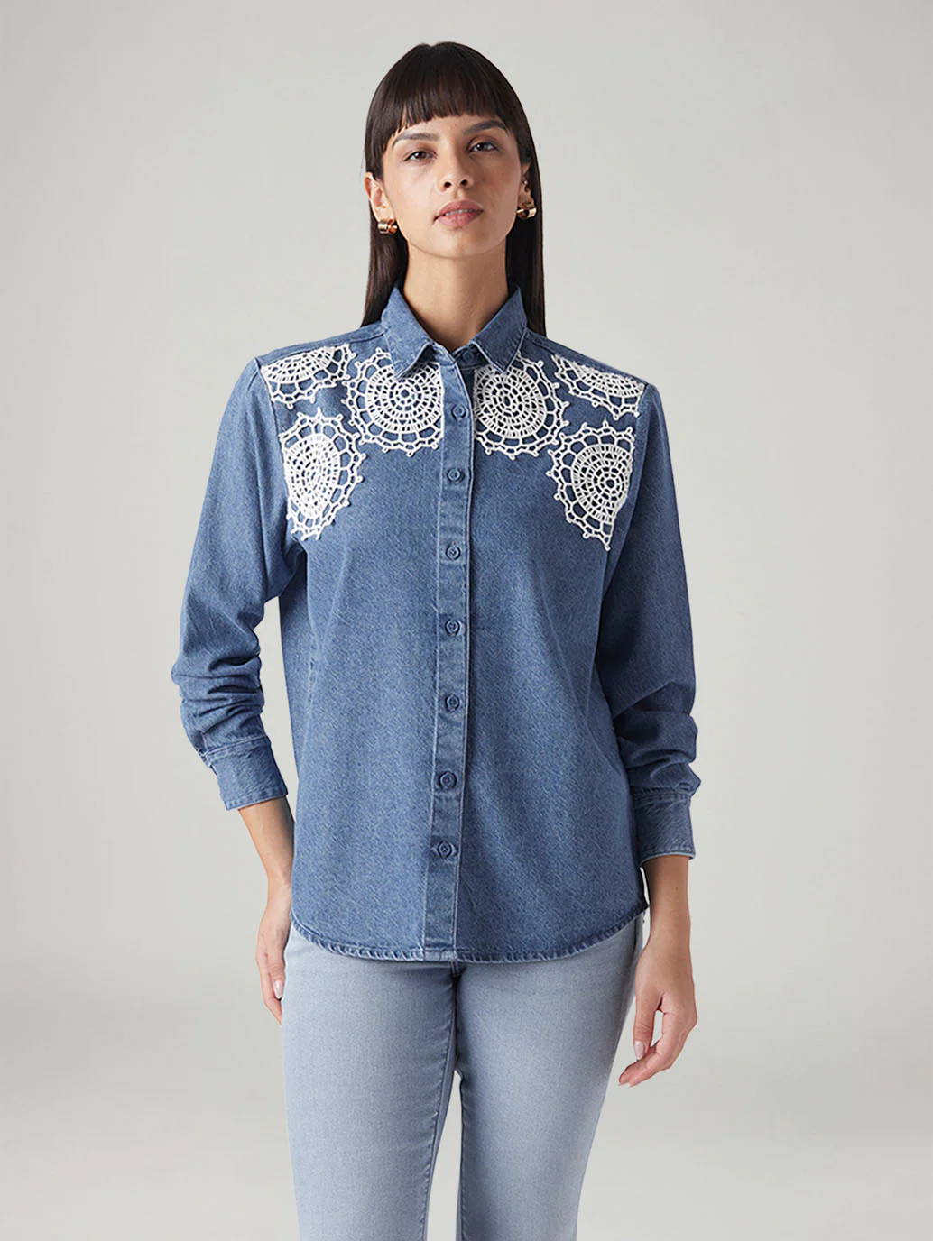 Women's Crochet Relaxed Fit Denim Shirt - Image 2