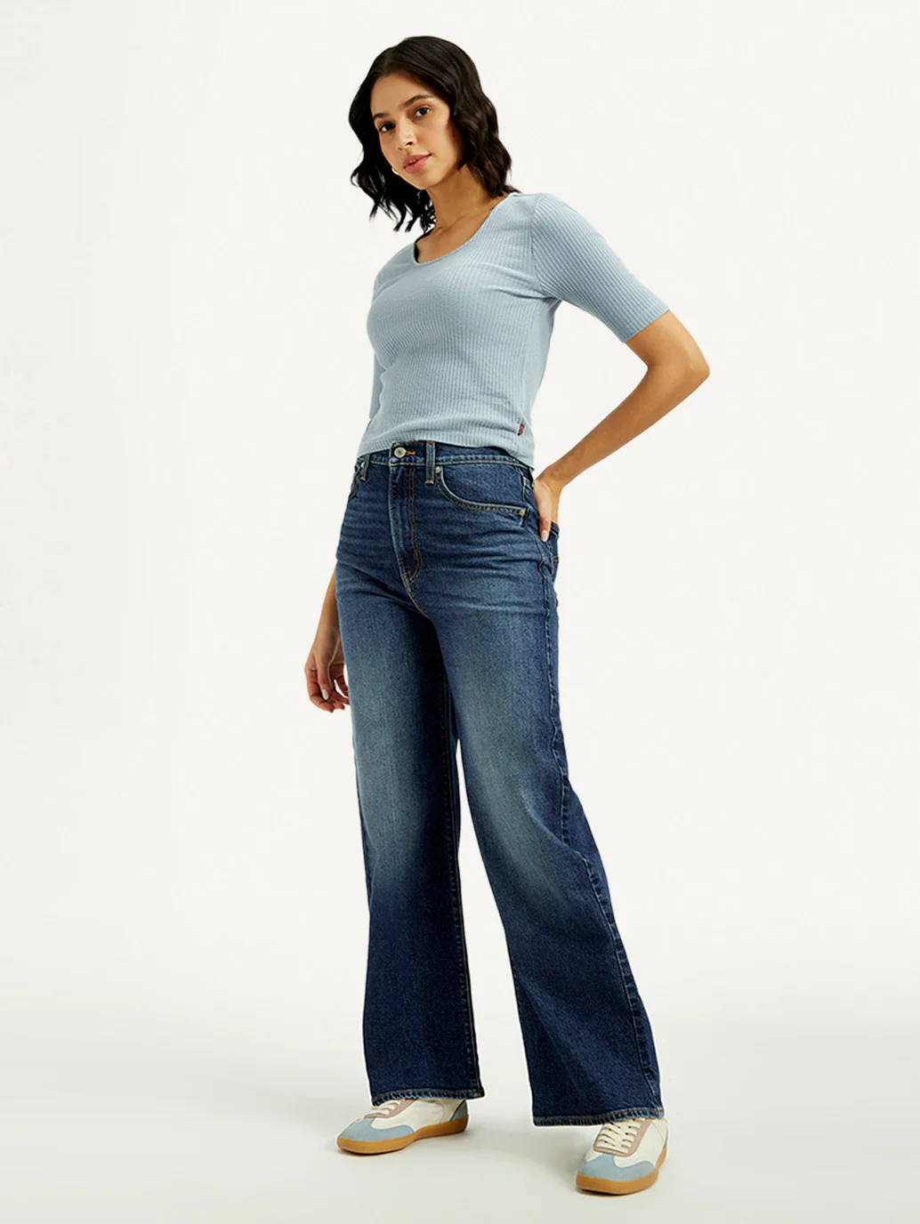 Women's Dark Indigo Ribcage Wide Leg Fit High Rise Jeans - Image 7