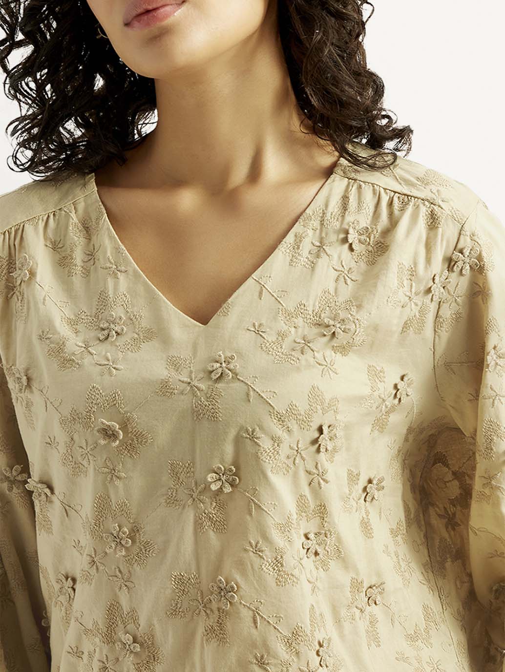 Women's Embroidered Beige V-Neck Top - Image 3