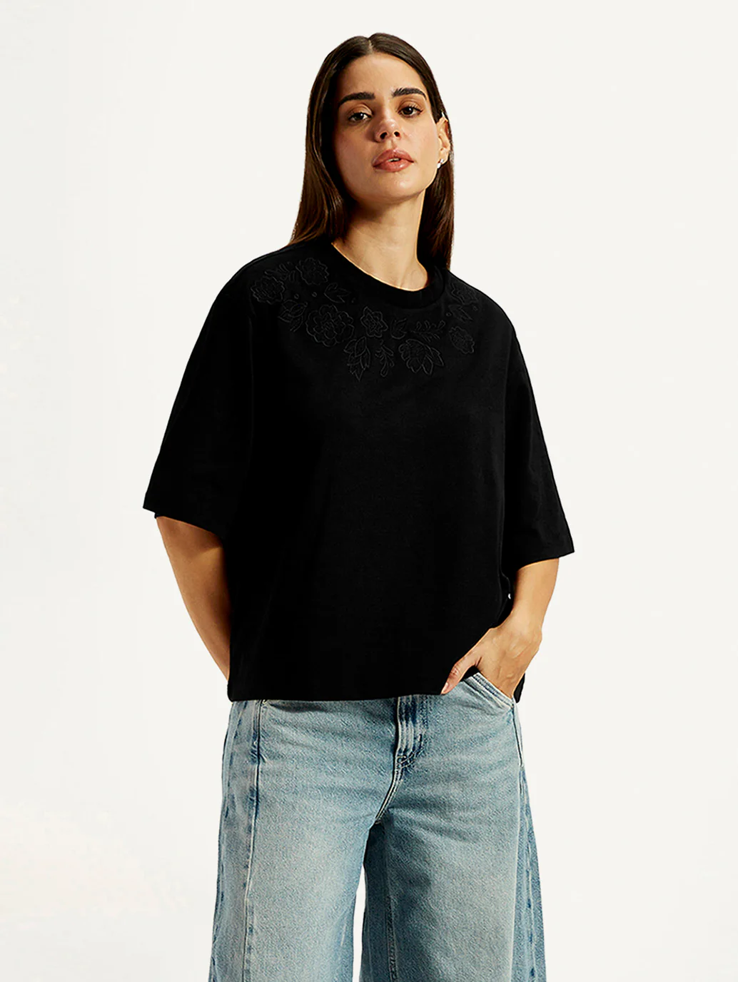 Women's Embroidered Black Relaxed Fit T-shirt