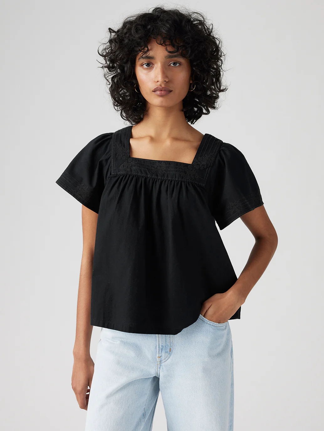Women's Embroidered Black Square Neck Top - Image 2