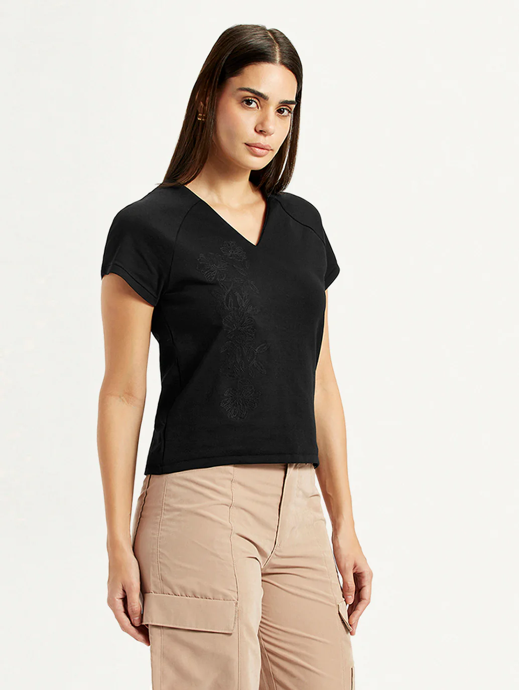 Women's Embroidered Black V-Neck Top - Image 3