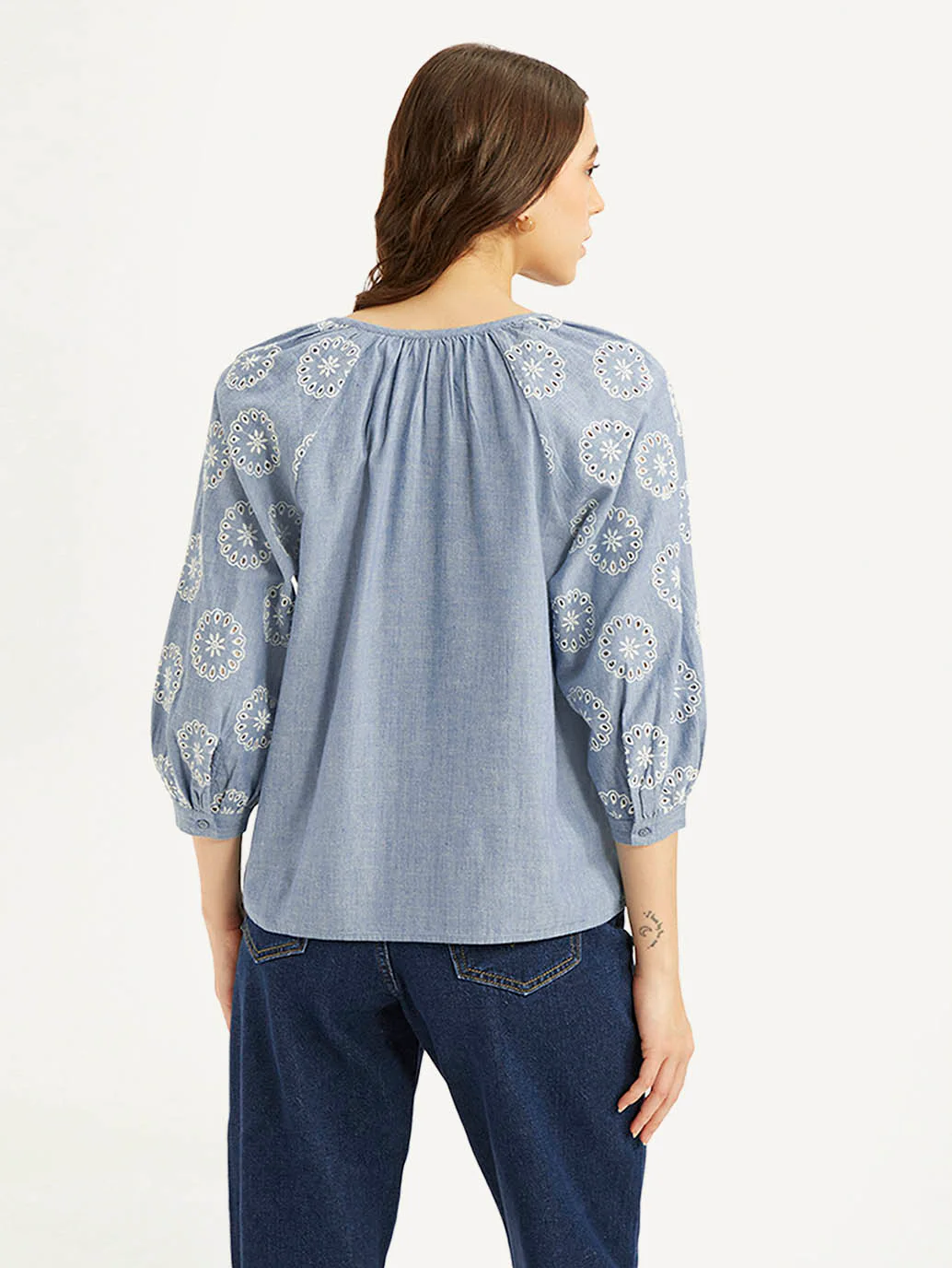 Women's Embroidered Blue Round Neck Top - Image 2