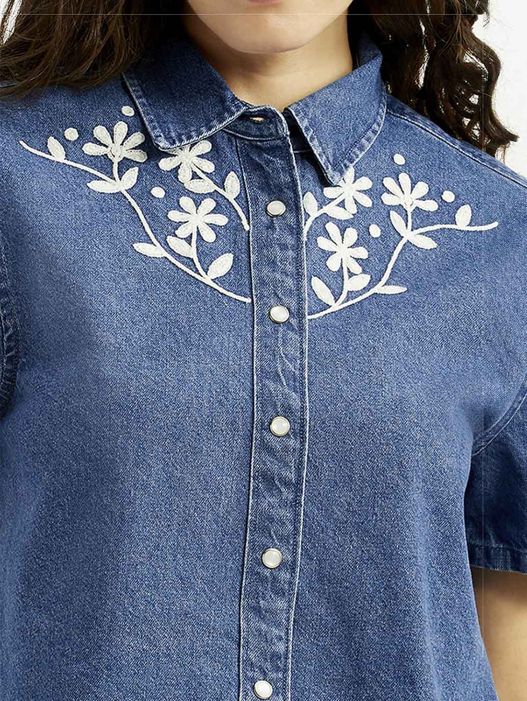Women's Embroidered Blue Spread Collar Shirt - Image 3