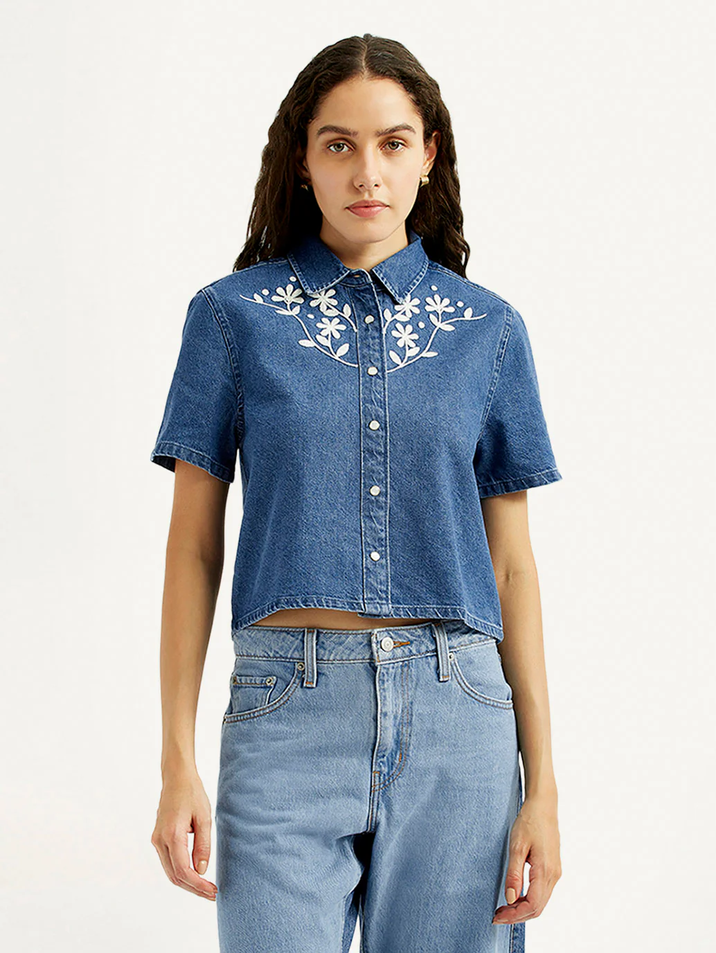 Women's Embroidered Blue Spread Collar Shirt - Image 5